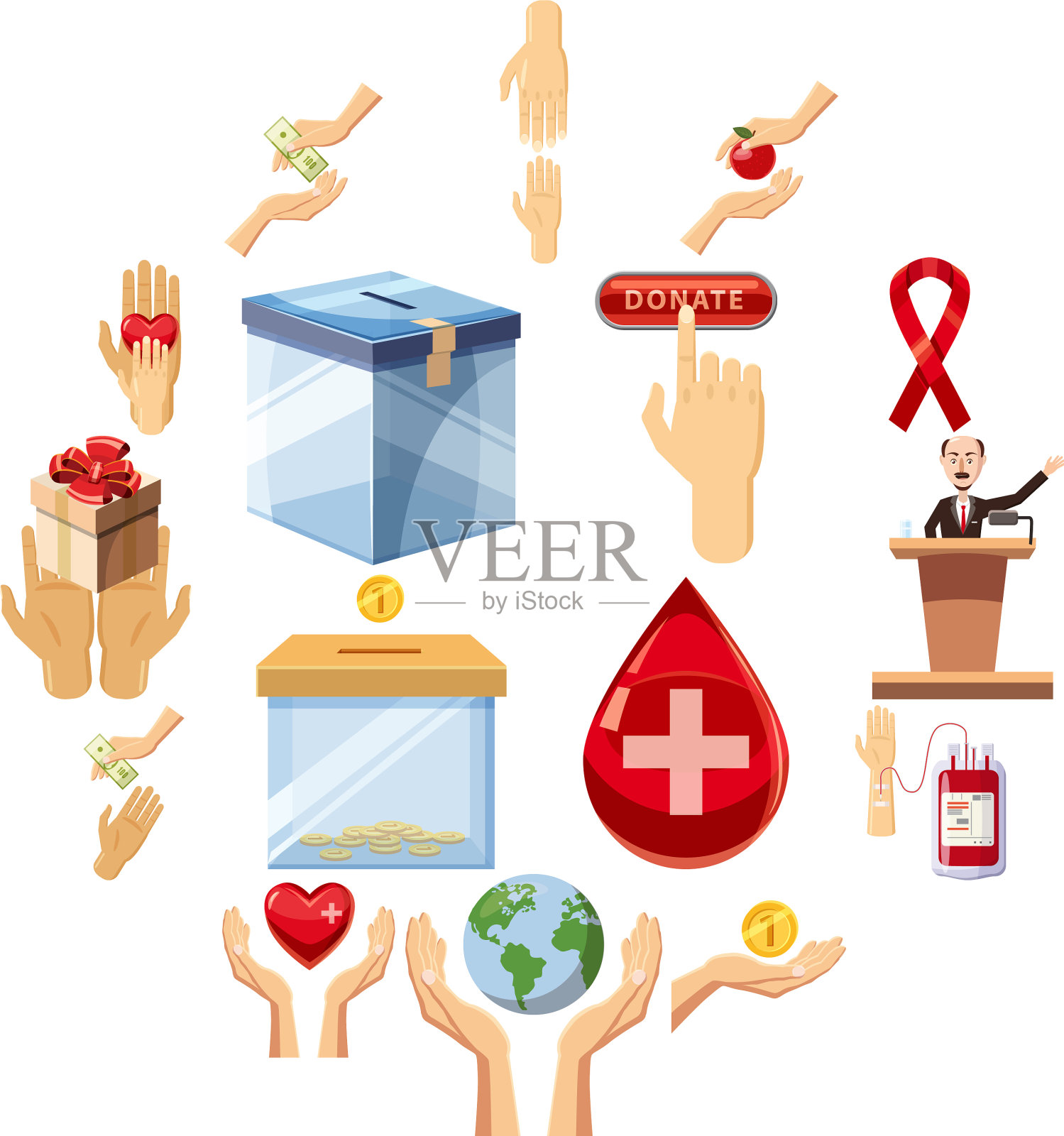 慈善图标设置卡通风格图标素材