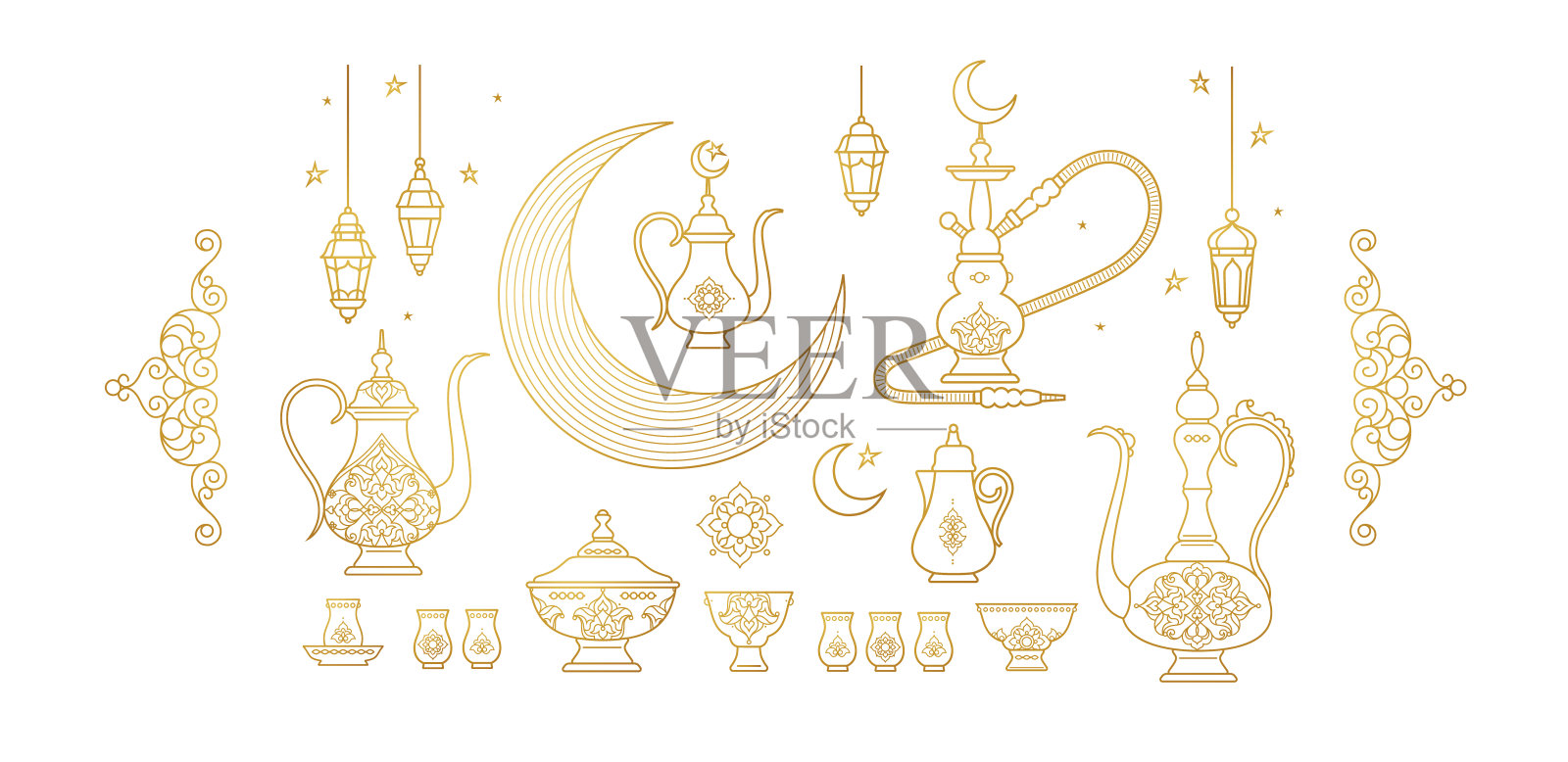 矢量集与阿拉伯元素斋月问候,开斋派对邀请。插画图片素材