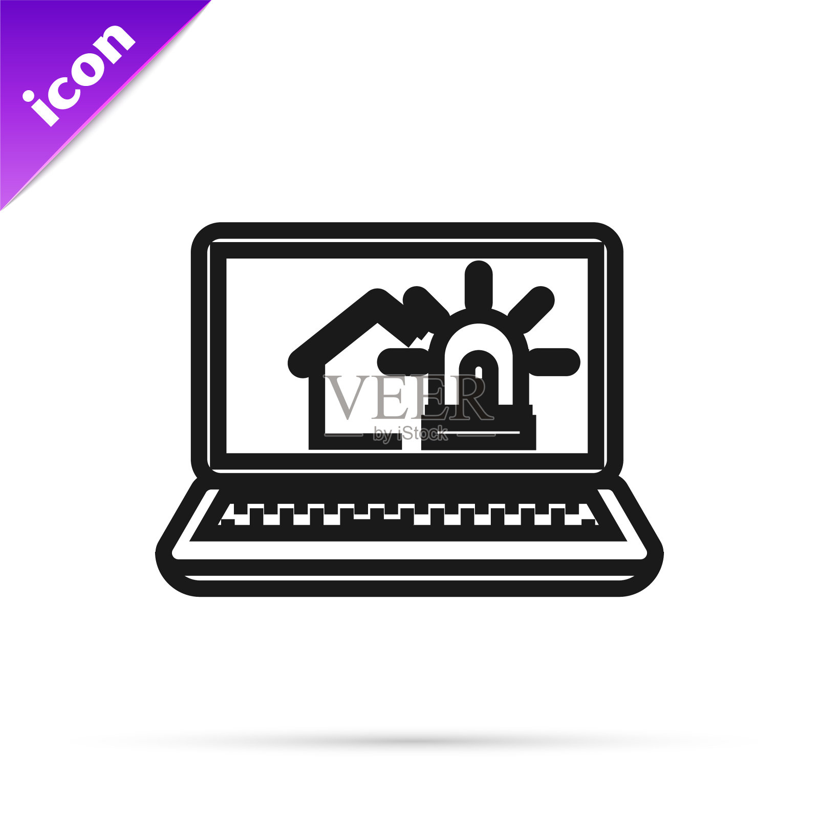 黑线笔记本电脑智能房子和报警图标图标素材