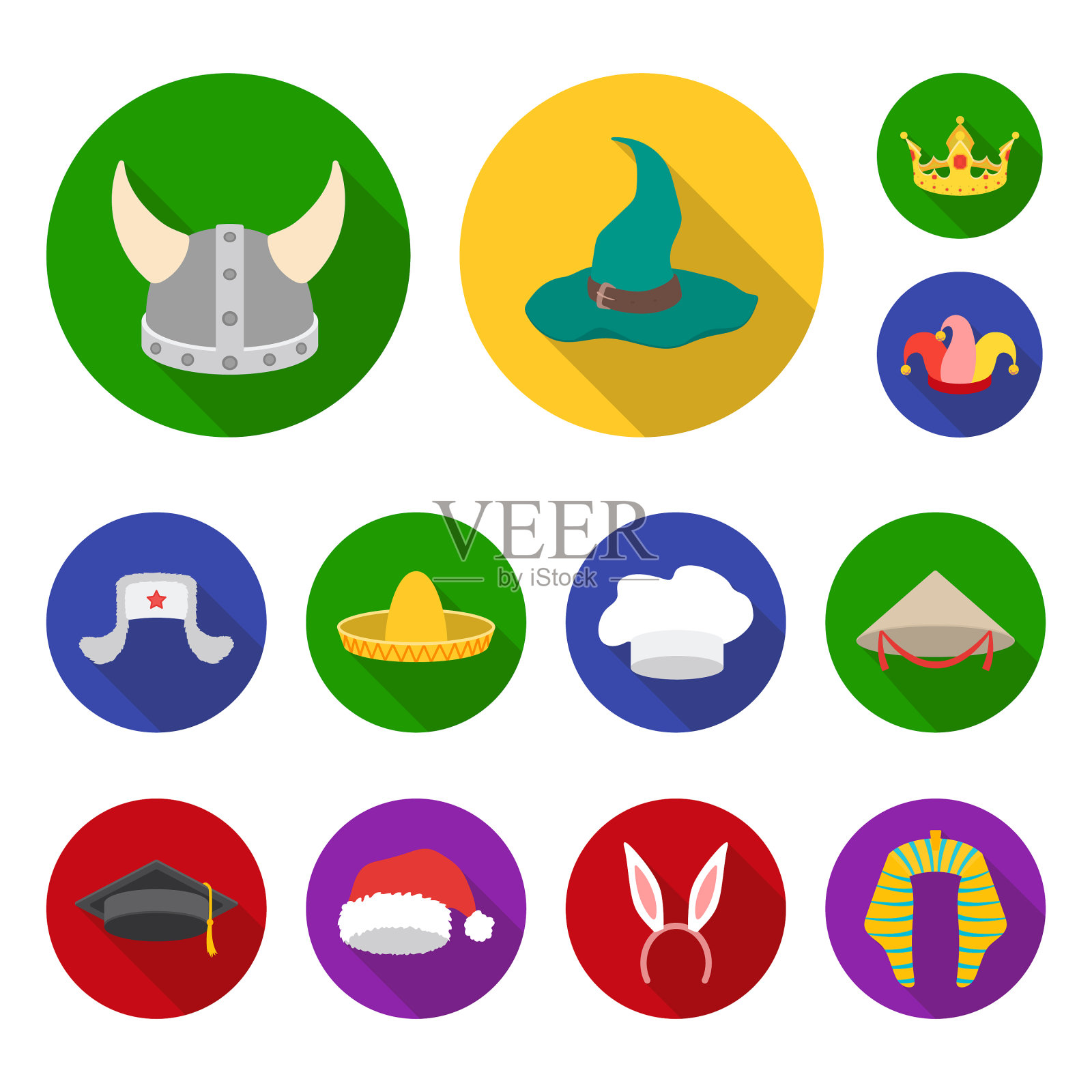 不同种类的帽子平图标设置图标素材