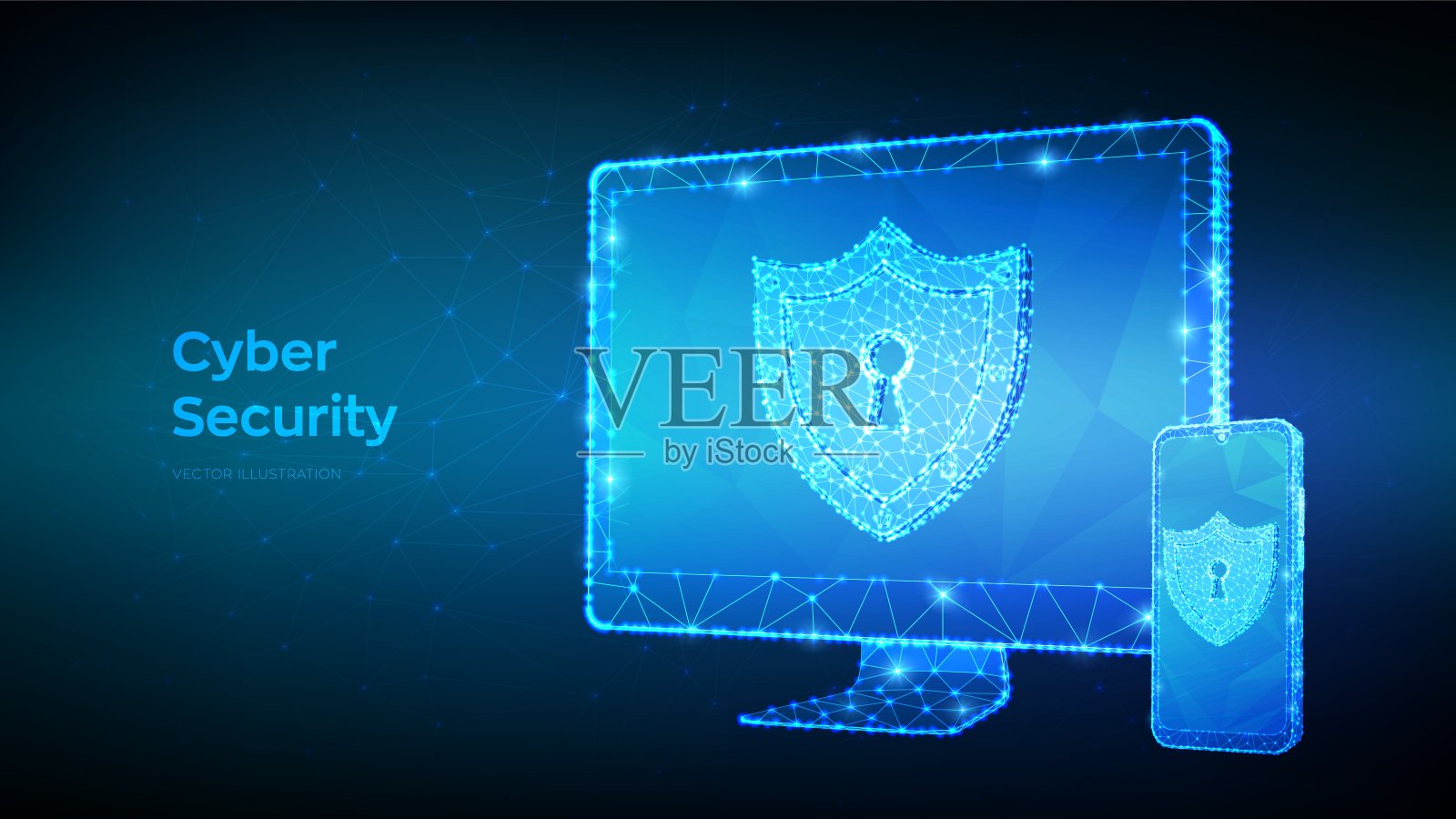 保护和网络安全或安全概念。摘要低多边形的计算机显示器和智能手机和屏蔽与钥匙孔图标。网络数据安全或信息隐私的想法。矢量插图。插画图片素材