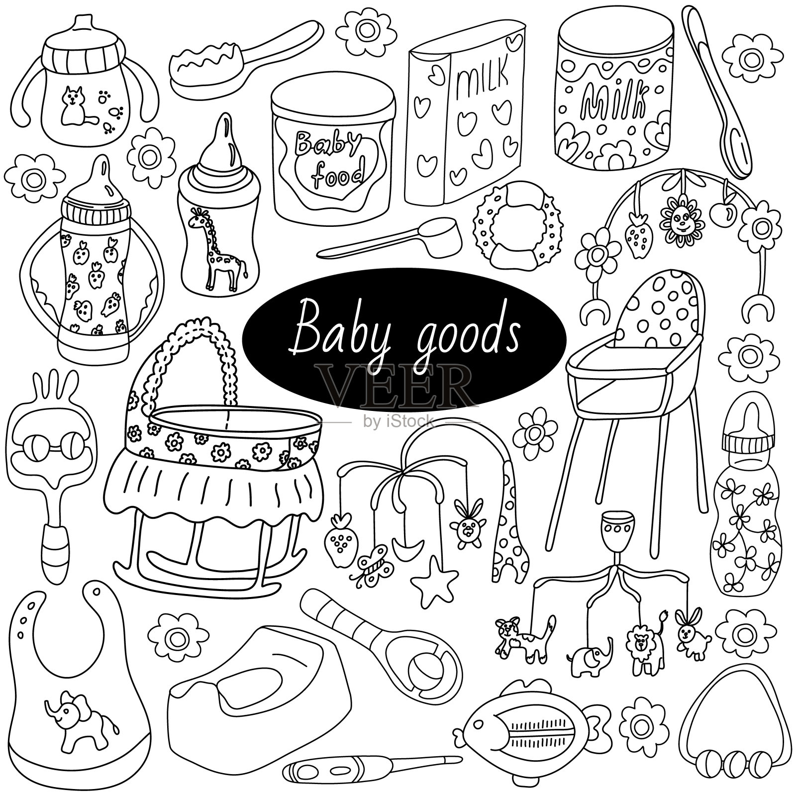 大套婴儿用品涂鸦。插画图片素材