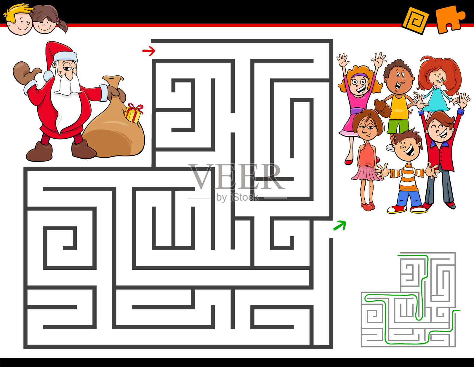 卡通迷宫活动与圣诞老人插画图片素材