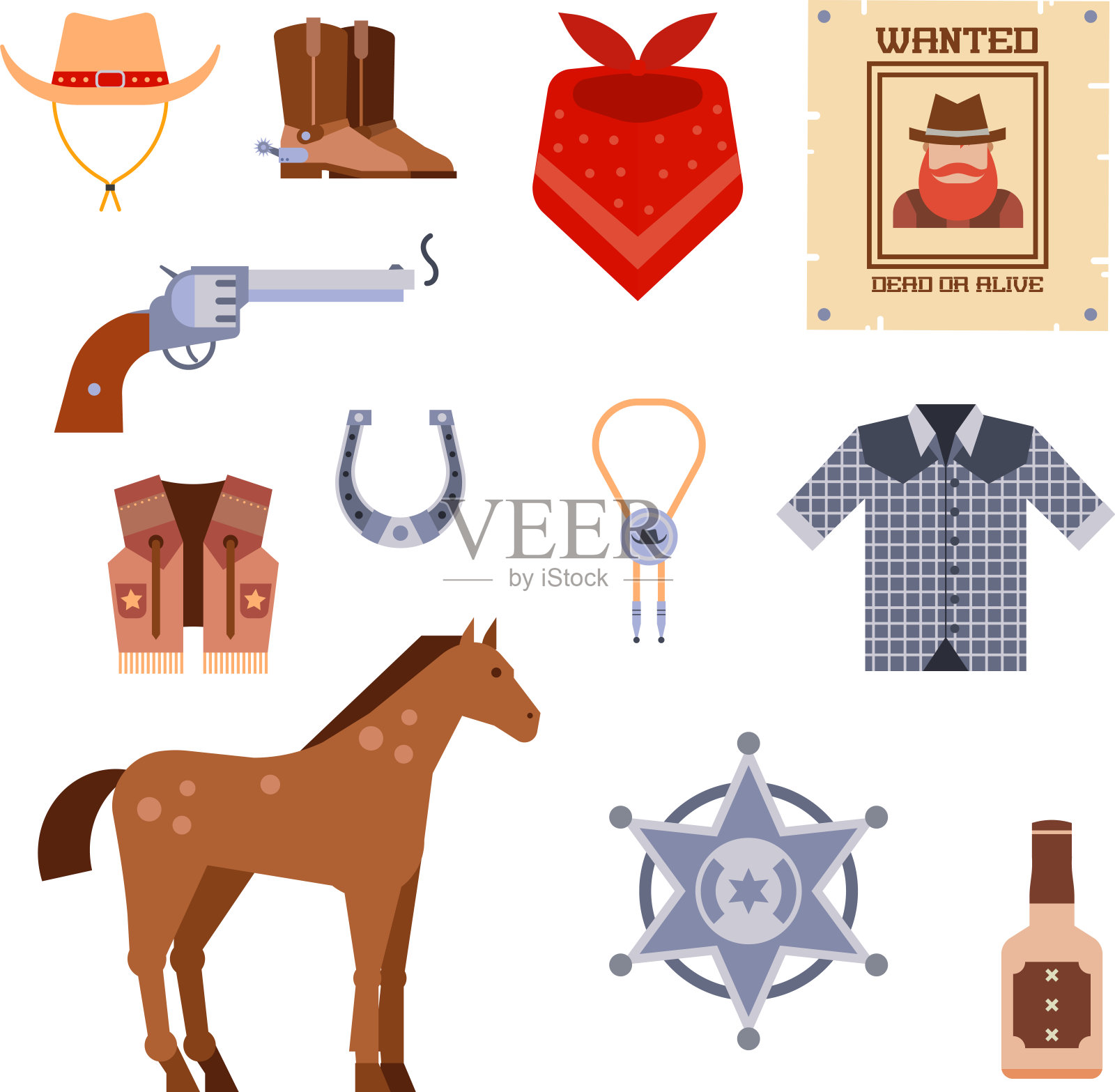 狂野西部元素设置图标牛仔竞技图标素材