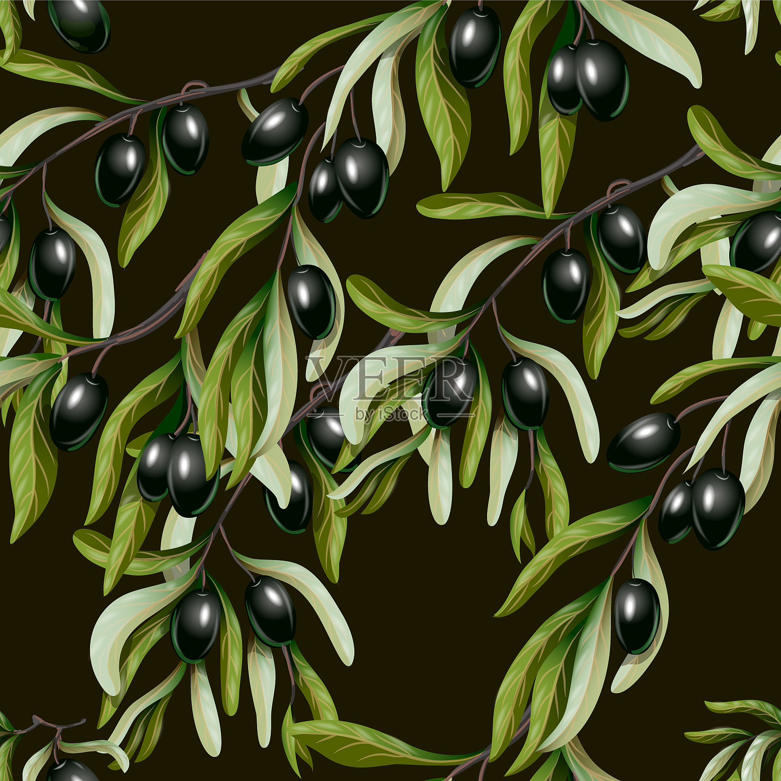 无缝模式与黑橄榄枝插画图片素材
