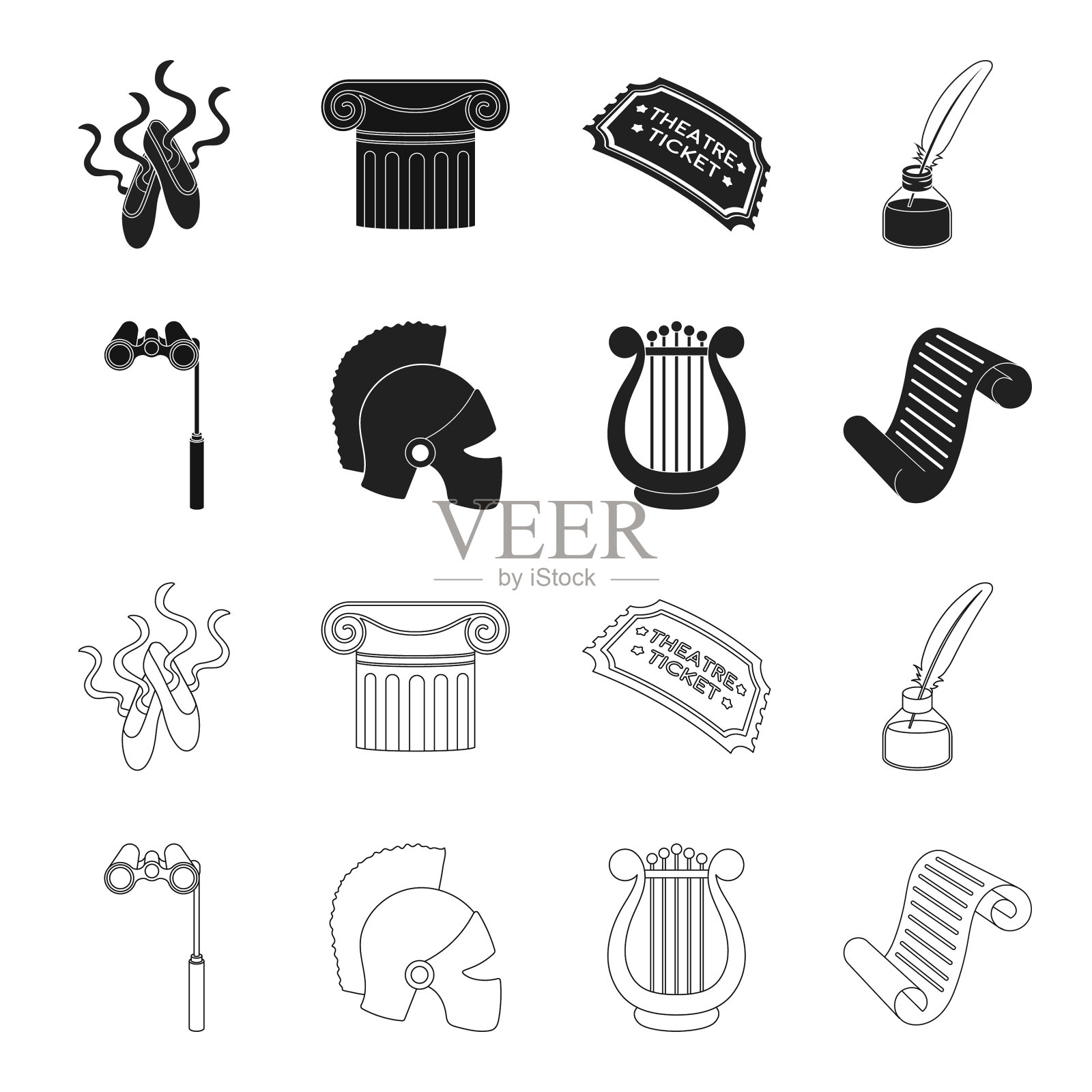 剧场望远镜,头盔,竖琴和插画图片素材