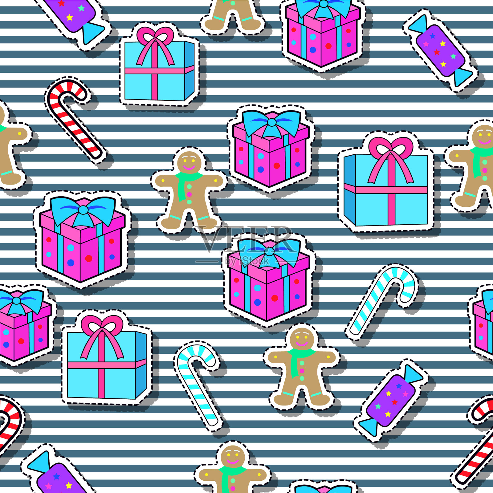 礼品盒,糖果棒,姜饼男孩,无缝插画图片素材