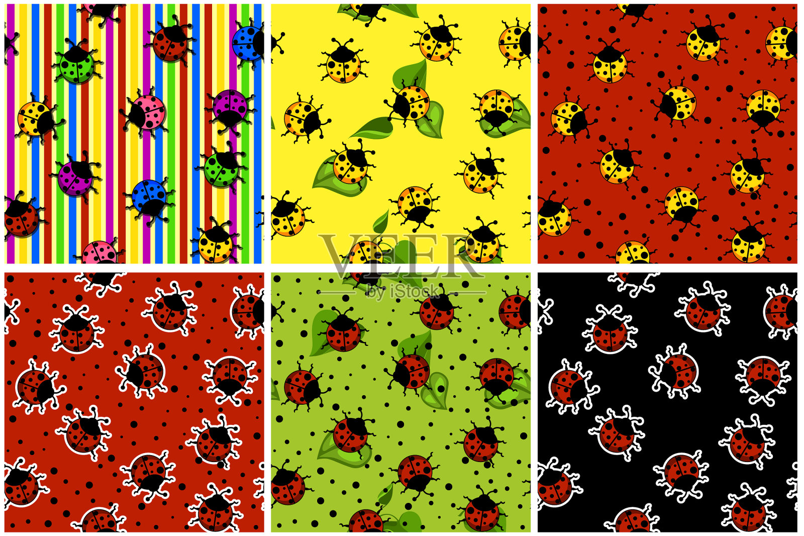 卡通无缝图案彩色瓢虫套装图标素材