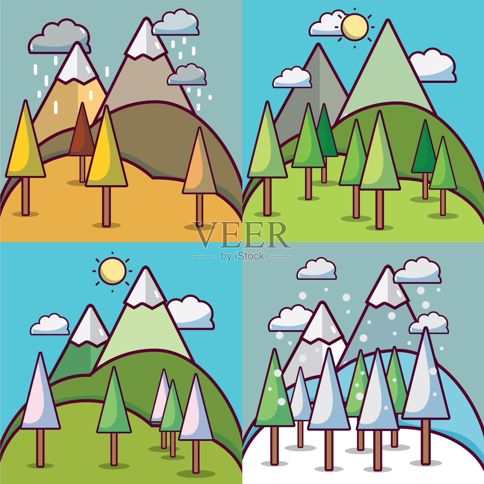 用山和树设置四个天气季节插画图片素材