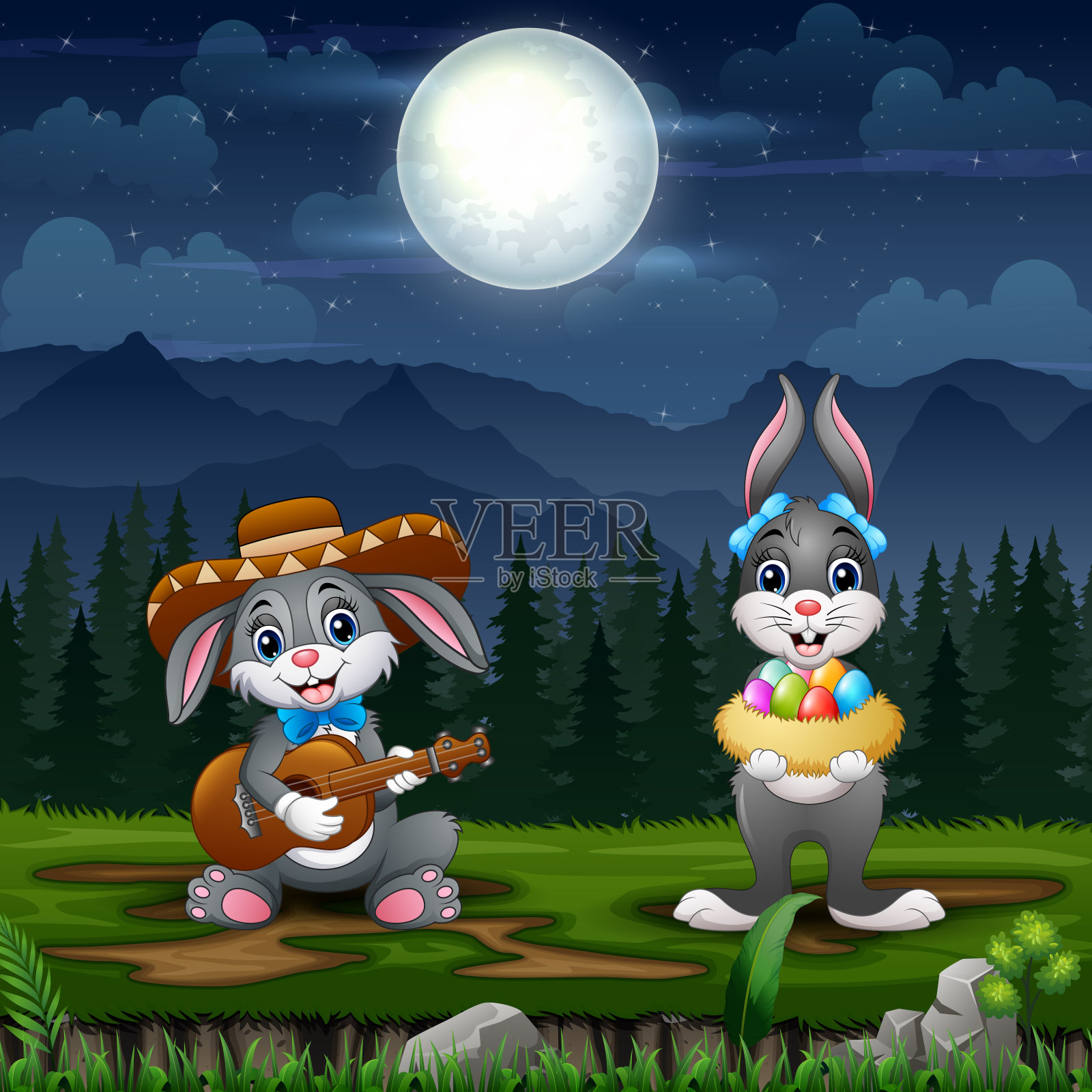 复活节前夕复活节兔子们快乐插画图片素材