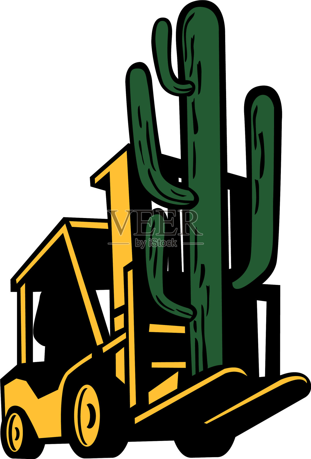 叉车叉车提升仙人掌植物复古设计元素图片