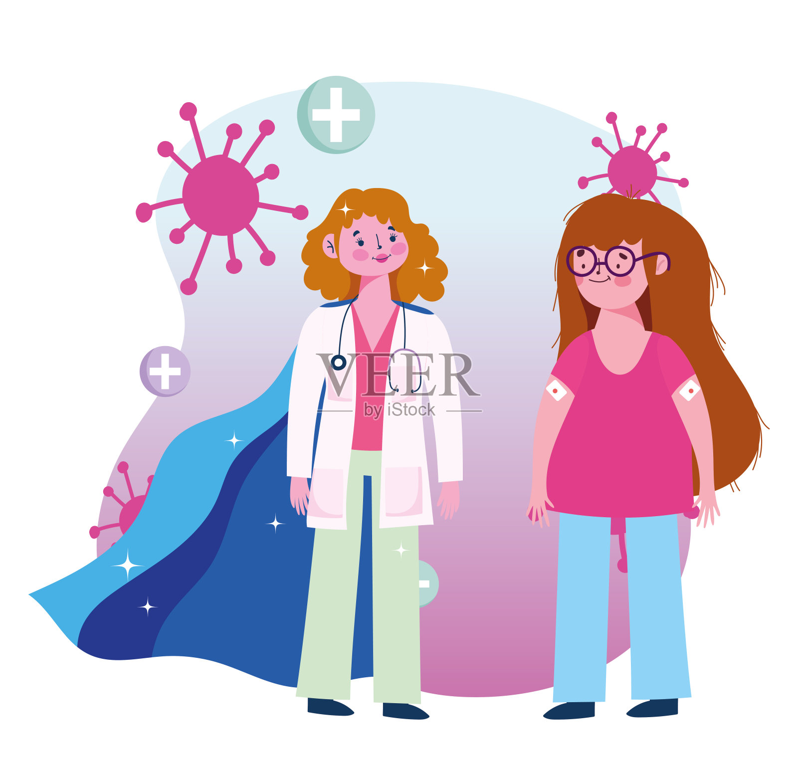 谢谢医生们,两个胳膊上都有疫苗创可贴的女性和女孩设计元素图片