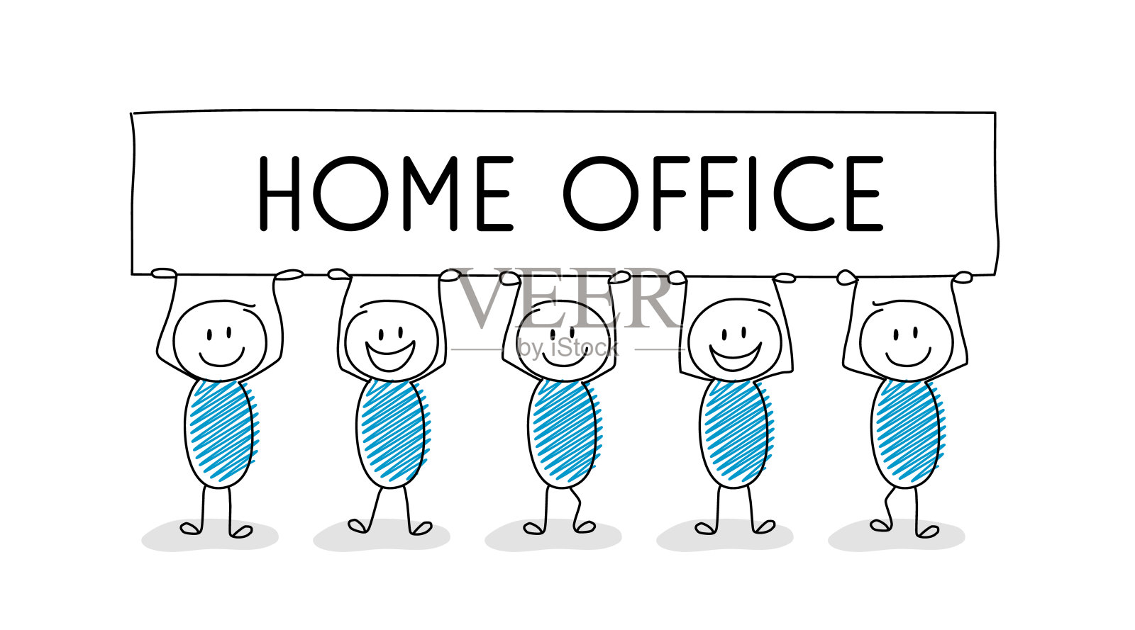 卡通人物举着印有“家庭办公室”字样的横幅。冠状病毒大流行期间的业务。向量插画图片素材