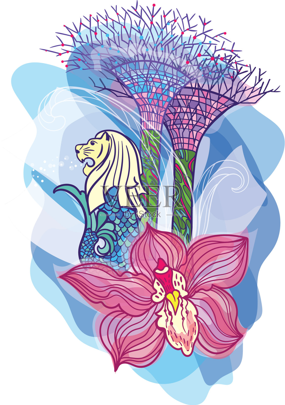 亚洲旅游新加坡素描多彩设计元素图片