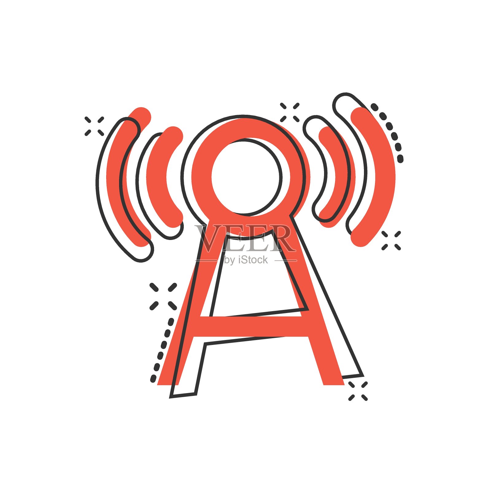 天线塔图标在漫画风格。广播卡通矢量插图在白色孤立的背景。Wifi飞溅效应经营理念。图标素材