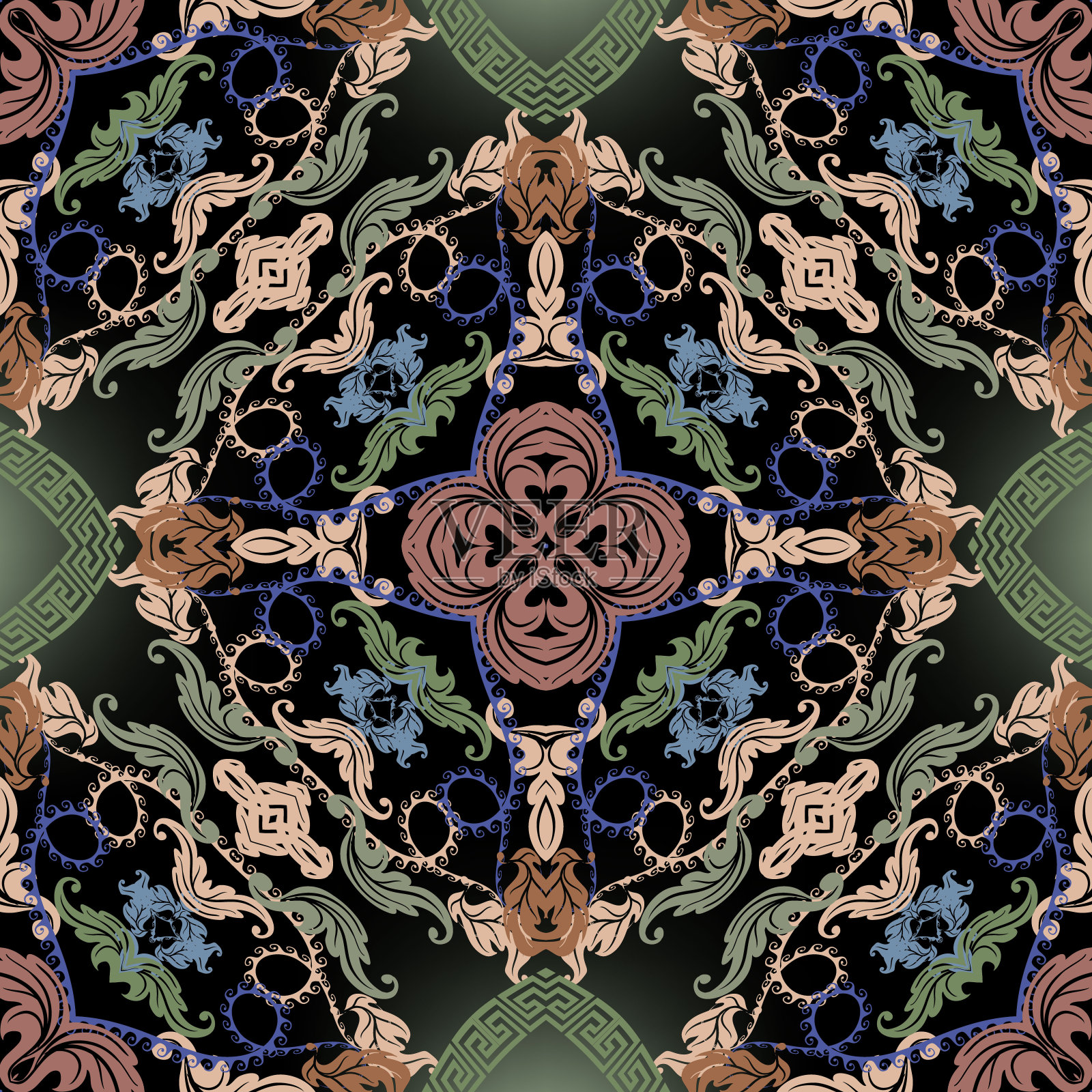 巴洛克式无缝模式。发光的矢量大马士革背景壁纸与复古彩色花朵,卷轴叶,菱形,蜿蜒,希腊关键装饰。华丽的美丽的纹理。豪华花设计插画图片素材