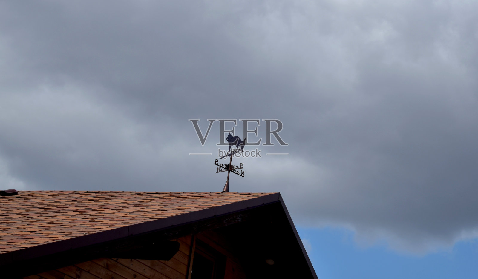 1 .屋顶上固定着一个狗形的风向标照片摄影图片