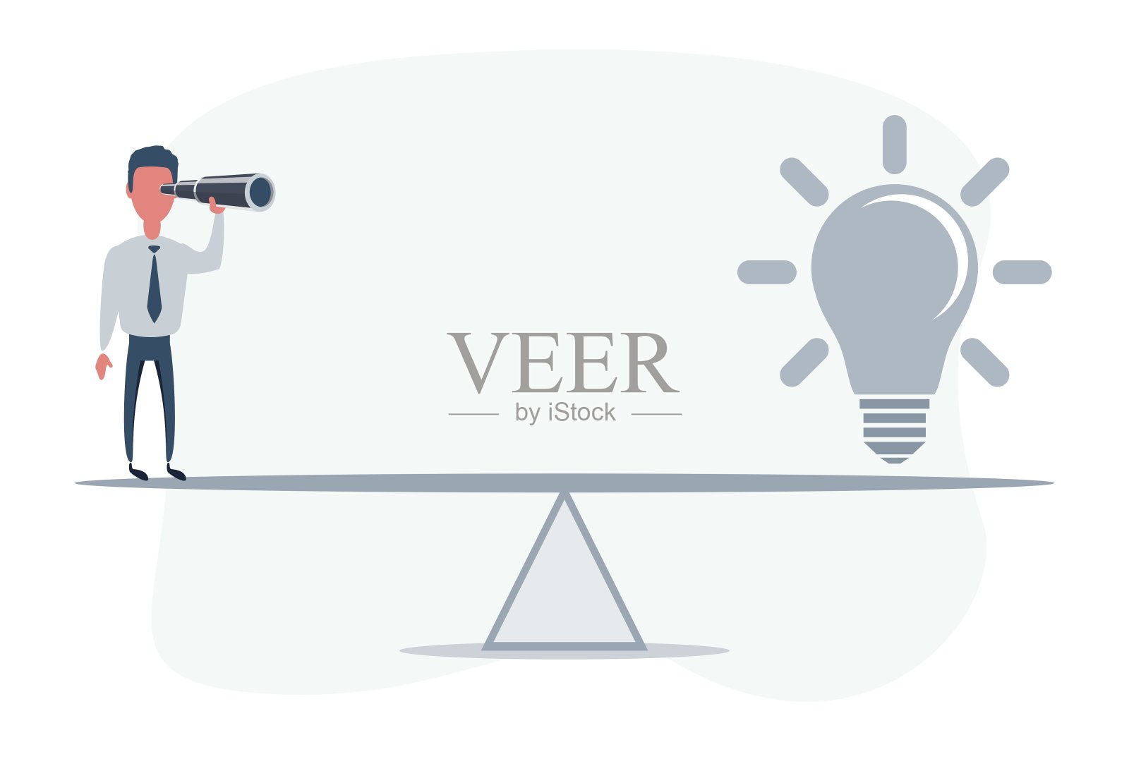 在跷跷板上寻找大点子的商人。人用望远镜寻找成功、机会、未来的商业趋势插画图片素材