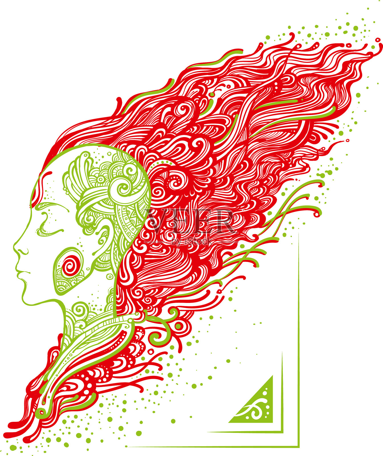 有纹身和火红头发的女孩插画图片素材