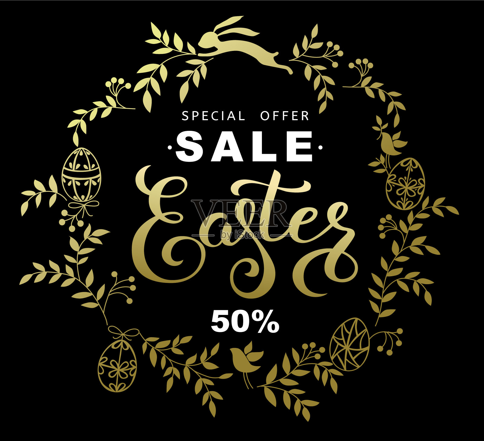 装饰着金色树叶和花环的复活节销售横幅插画图片素材