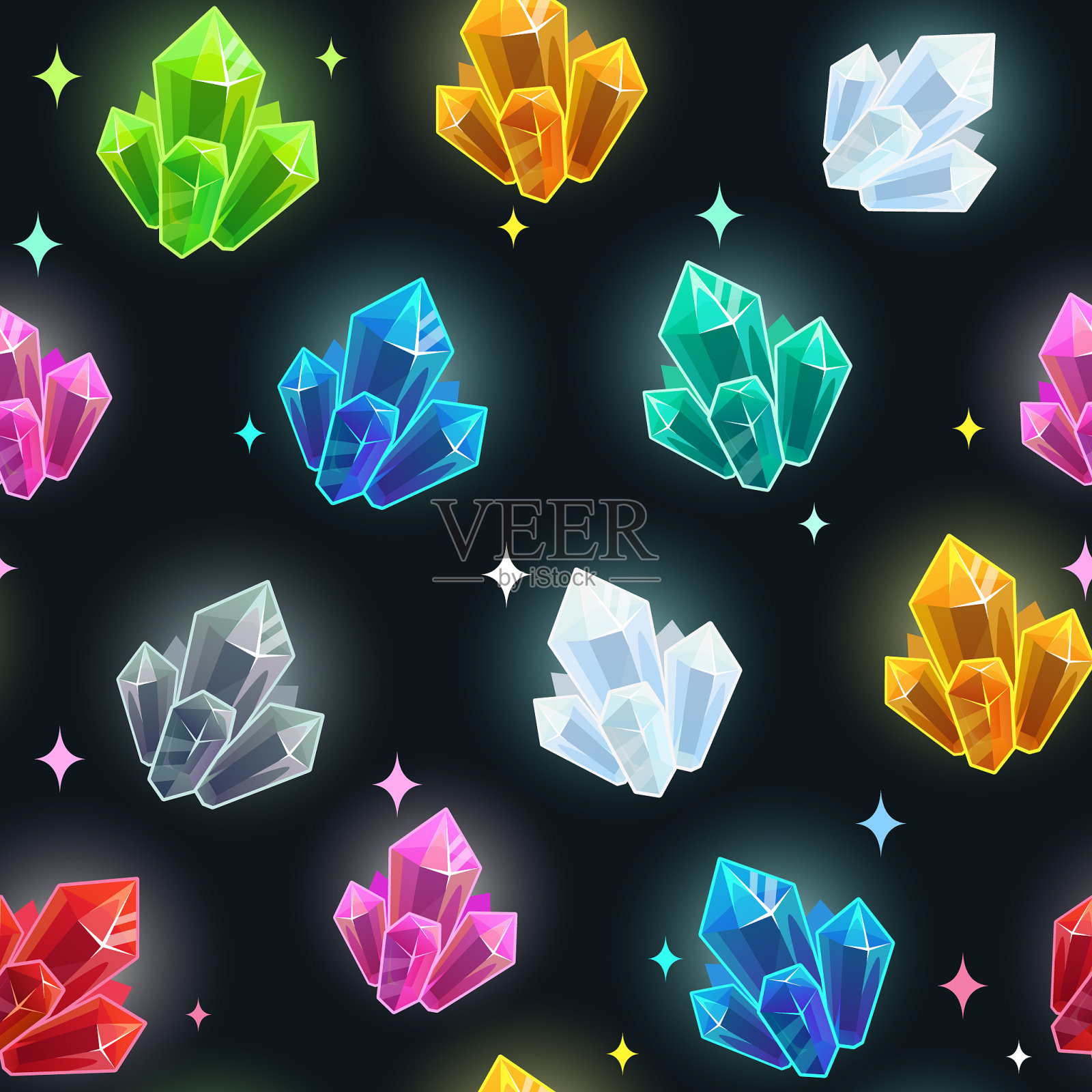 魔术无缝图案与彩色水晶插画图片素材