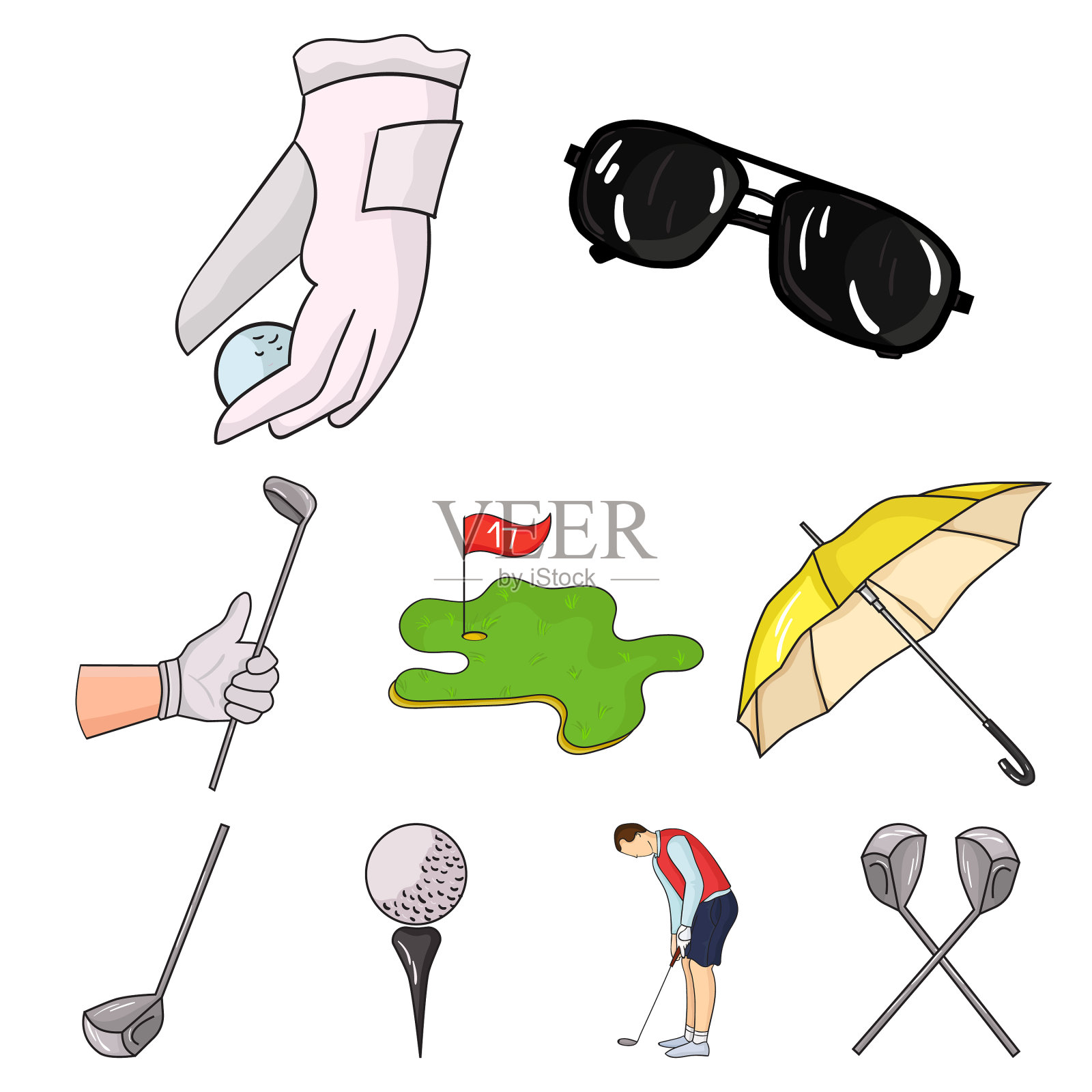 高尔夫球杆设置图标,卡通风格大图标素材