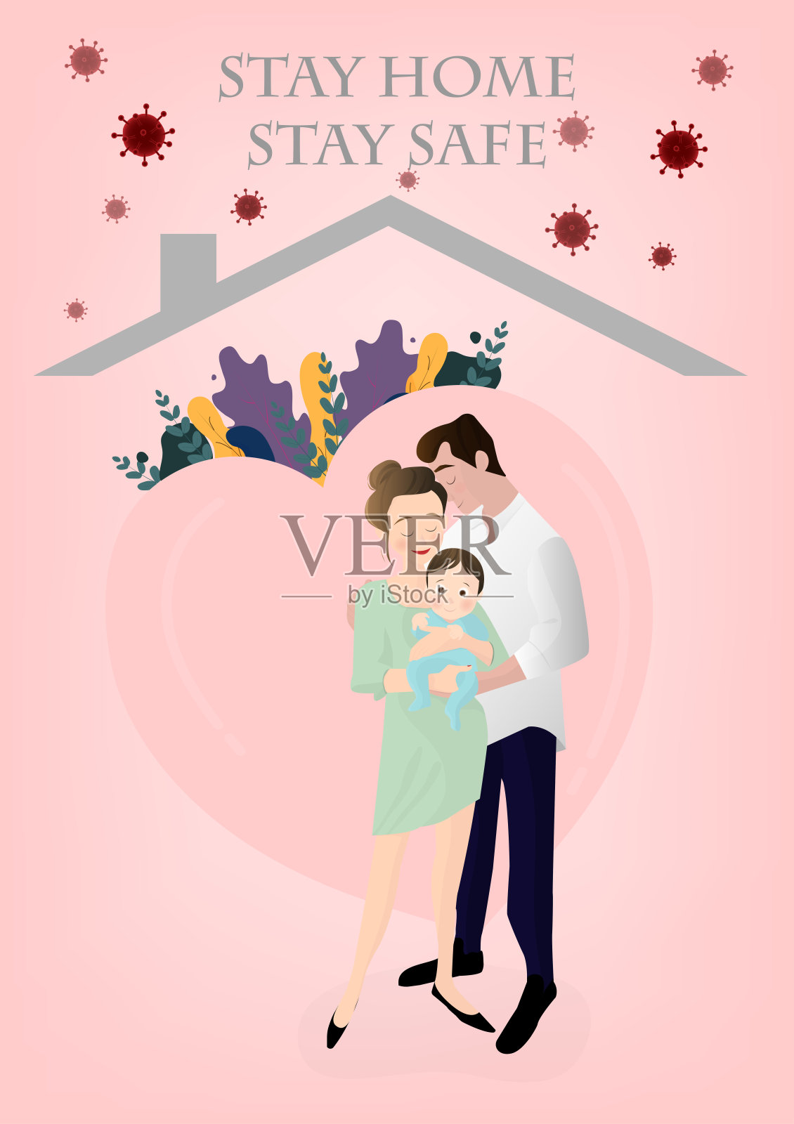 新型冠状病毒(COVID-19)大流行期间有婴儿的家庭的平面病媒设计。在家与家人隔离。幸福的家庭说明。插画图片素材