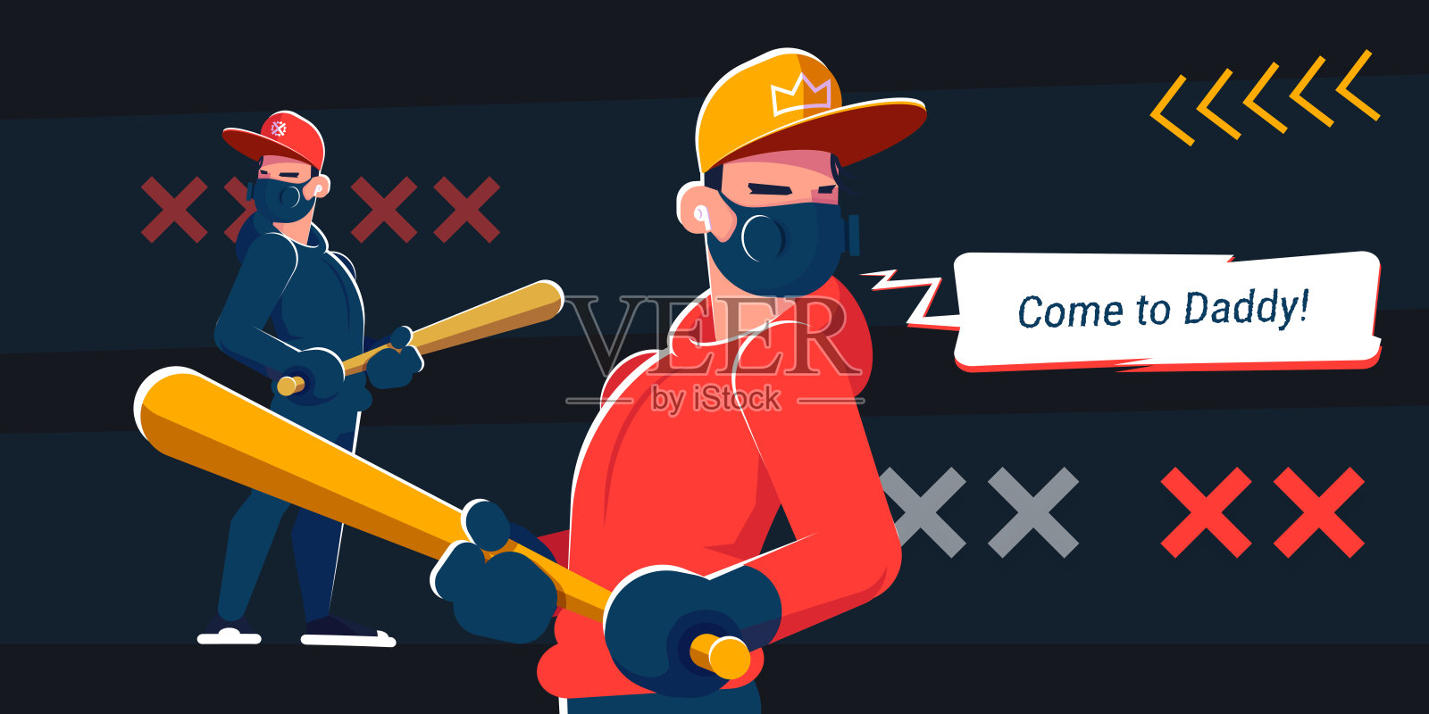 一名厚颜无耻的年轻人戴着口罩和棒球棒,导致冠状病毒在黑暗中战斗插画图片素材