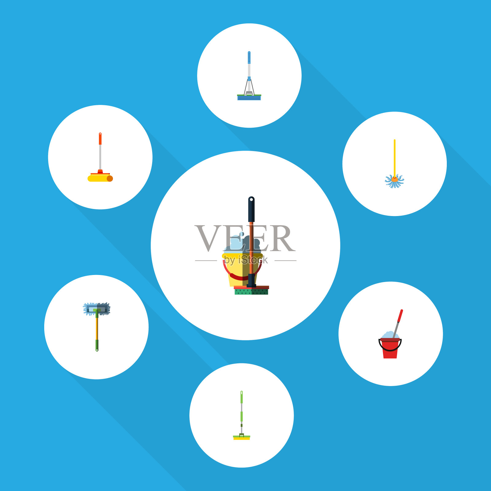 平面图标拖把套桶,扫把拖把和其他图标素材