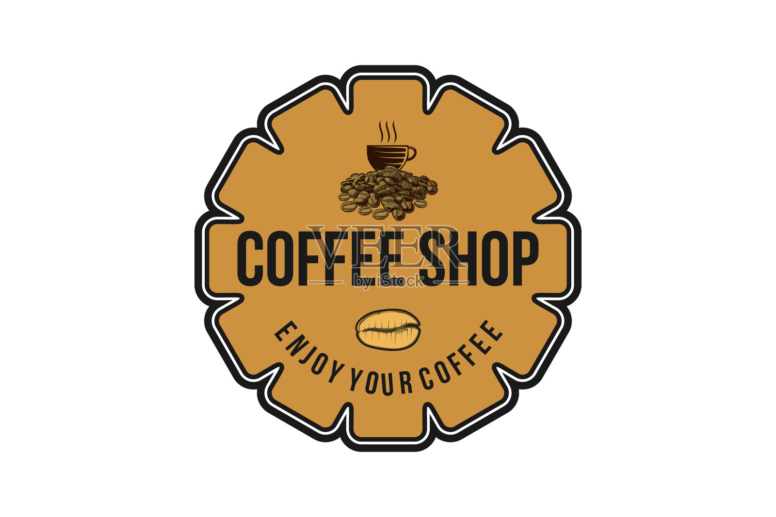 一堆咖啡豆和杯子的vintage标签插画图片素材