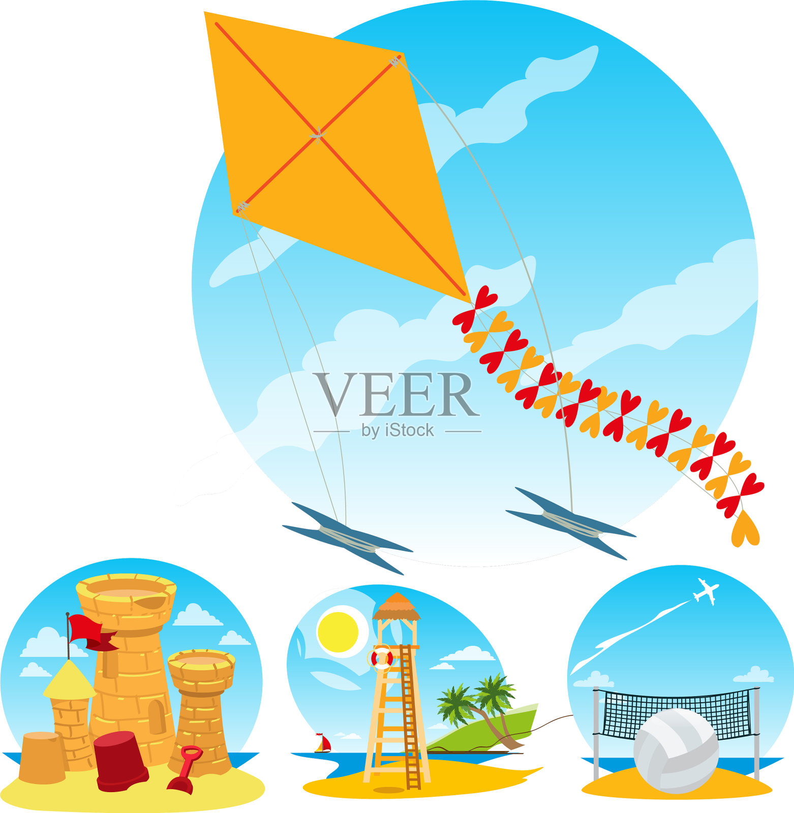 风筝飞行救生员塔沙滩排球沙插画图片素材