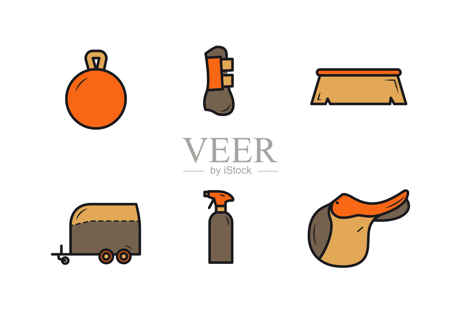 图标为马的彩色设备。马的彩色齿轮图标。马护理工具图标集。马鞍,钉子,清洁剂,刷子,马车,玩具插画图片素材