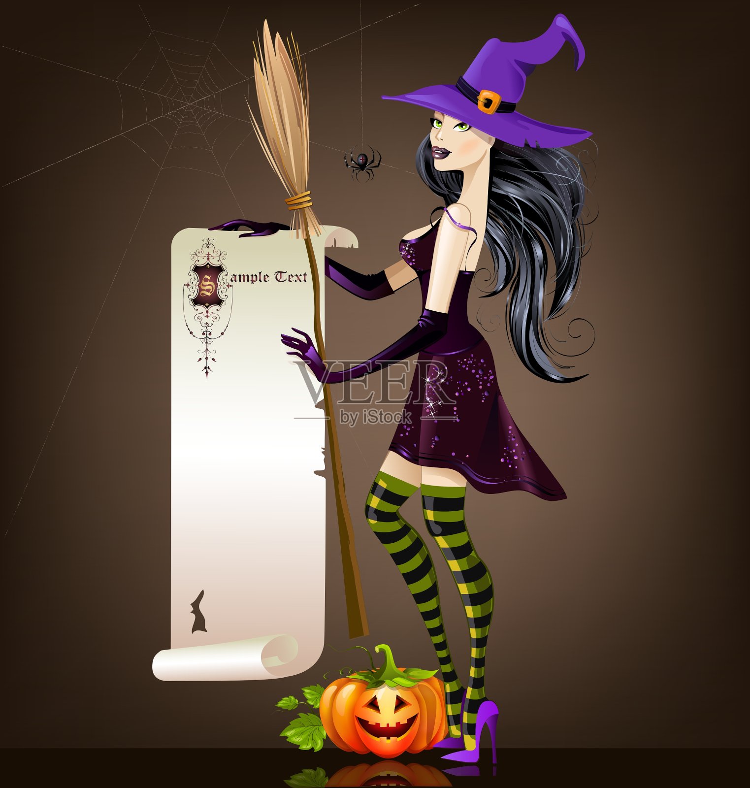 万圣节女孩拿着南瓜和扫帚插画图片素材