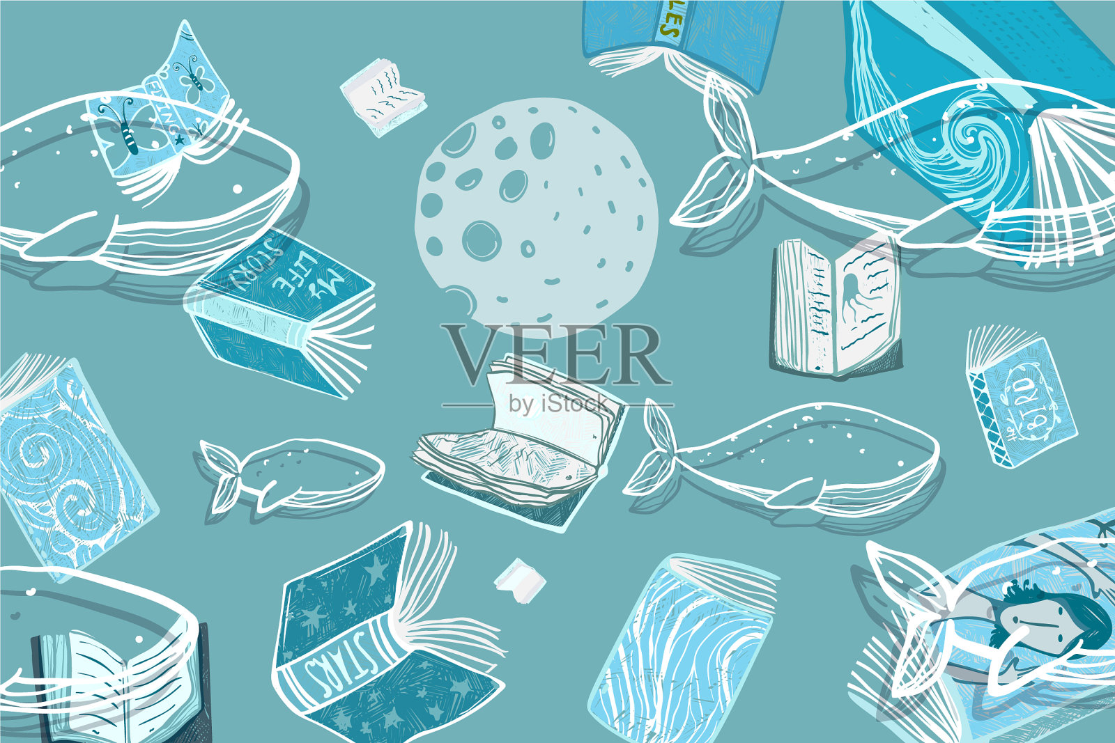 书鲸鱼和一个月亮的背景插画图片素材