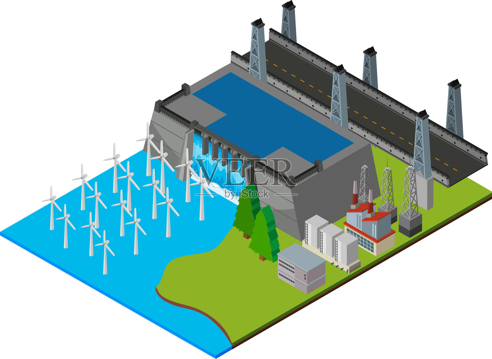 大坝旁边的发电站设计元素图片