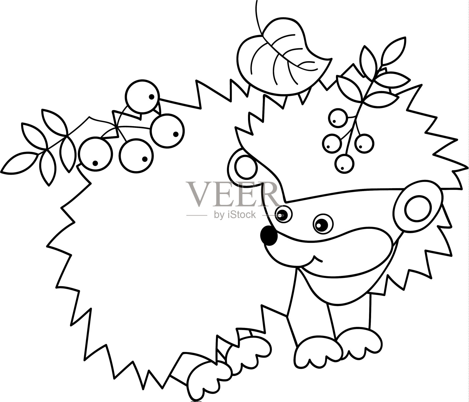 可爱的刺猬,有树叶和浆果设计元素图片