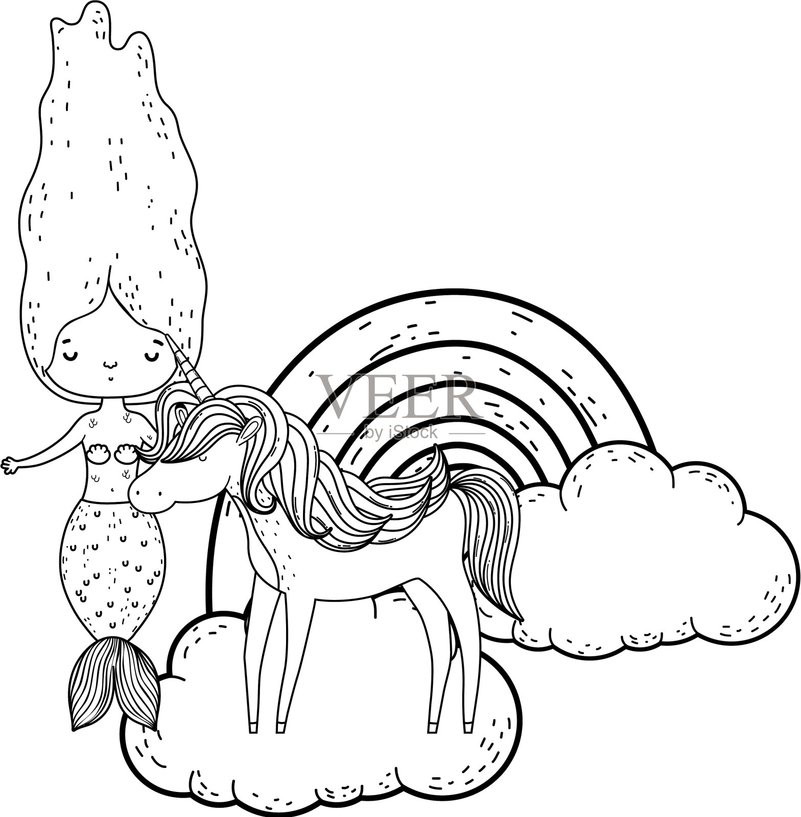 美人鱼与独角兽和彩虹的云彩设计元素图片