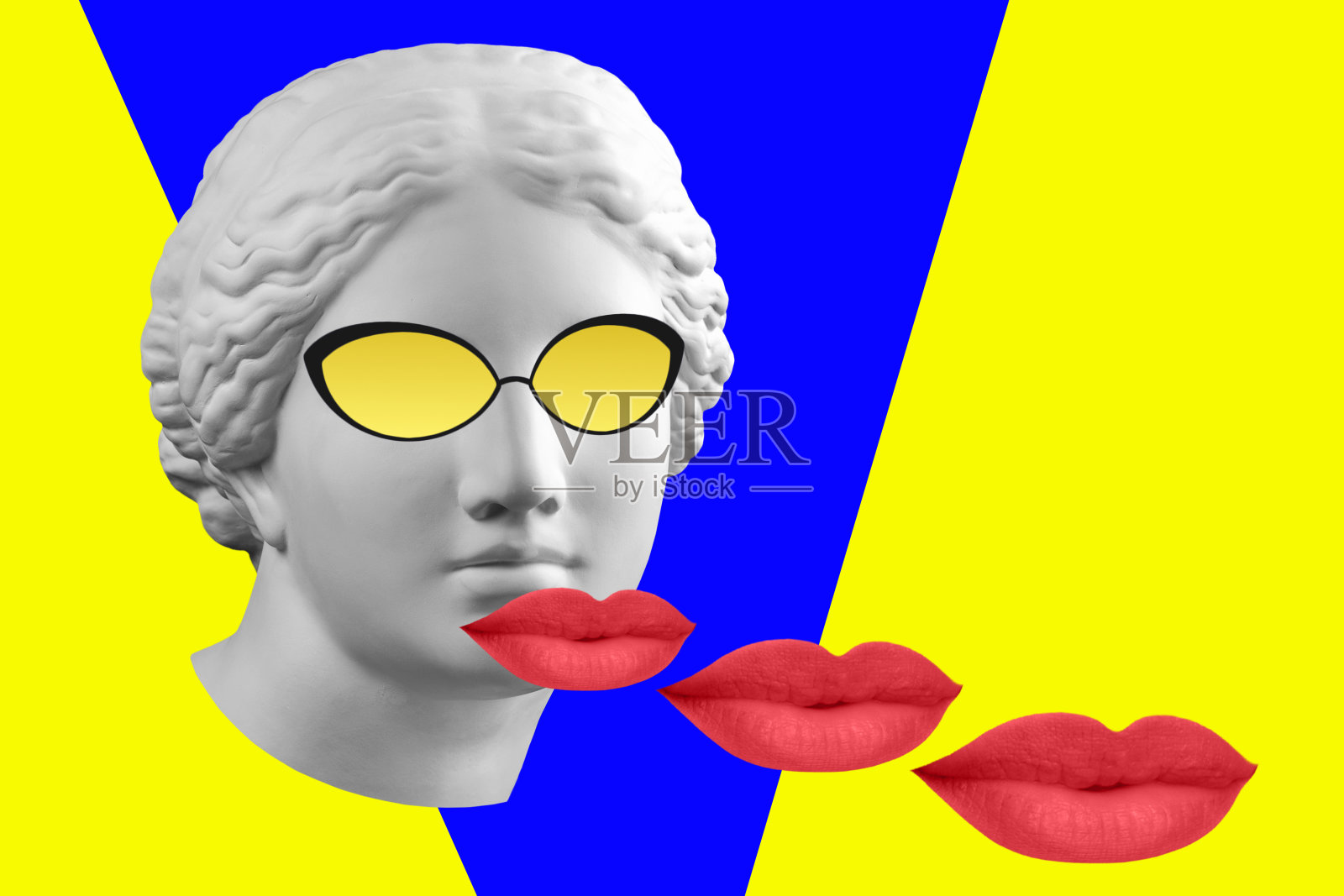 当代艺术概念拼贴与古董雕像维纳斯头在眼镜和嘴唇。电子杂志的文化风格。现代时尚艺术。照片摄影图片