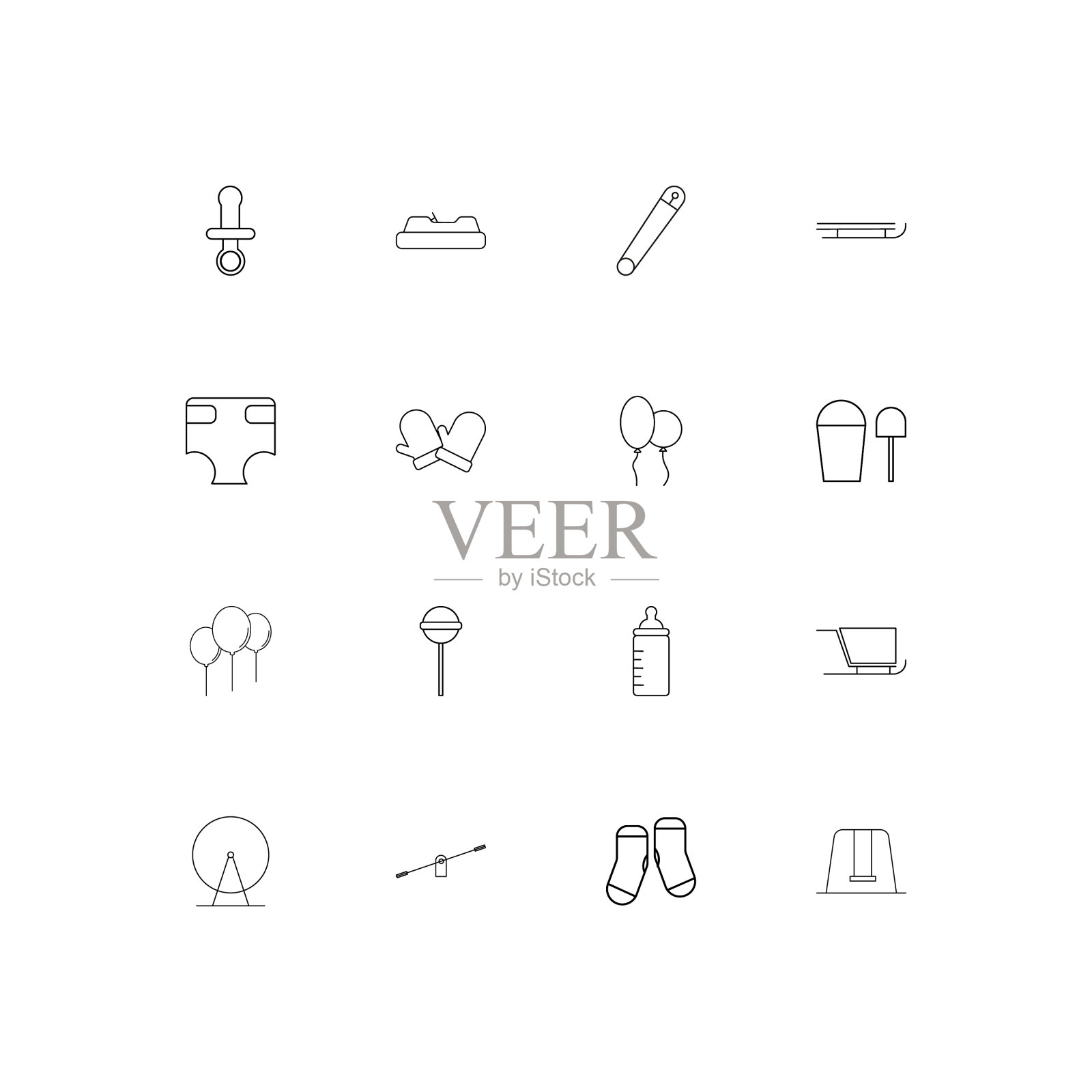 婴儿小孩和新生儿简单的线性图标集图标素材