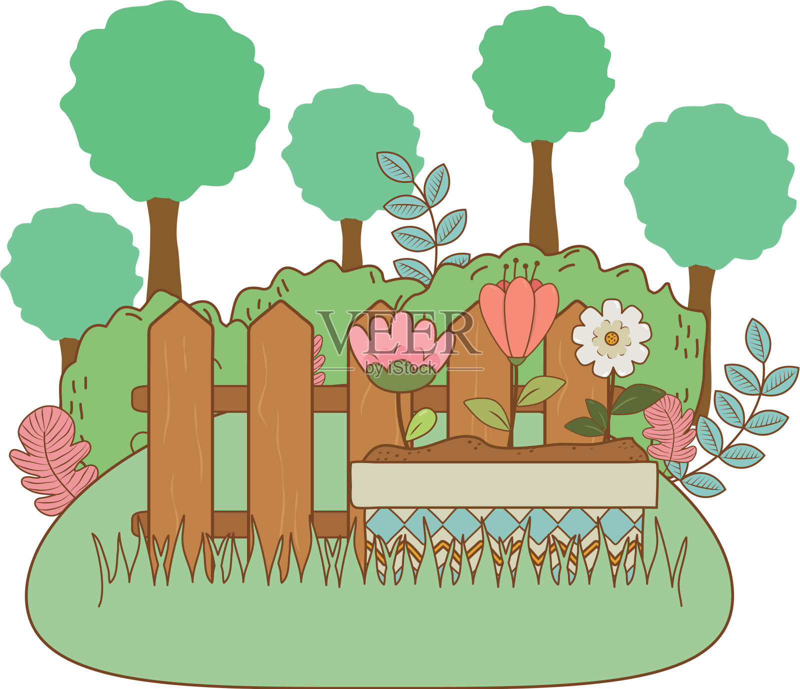 可爱的花和叶在盆景场景设计元素图片