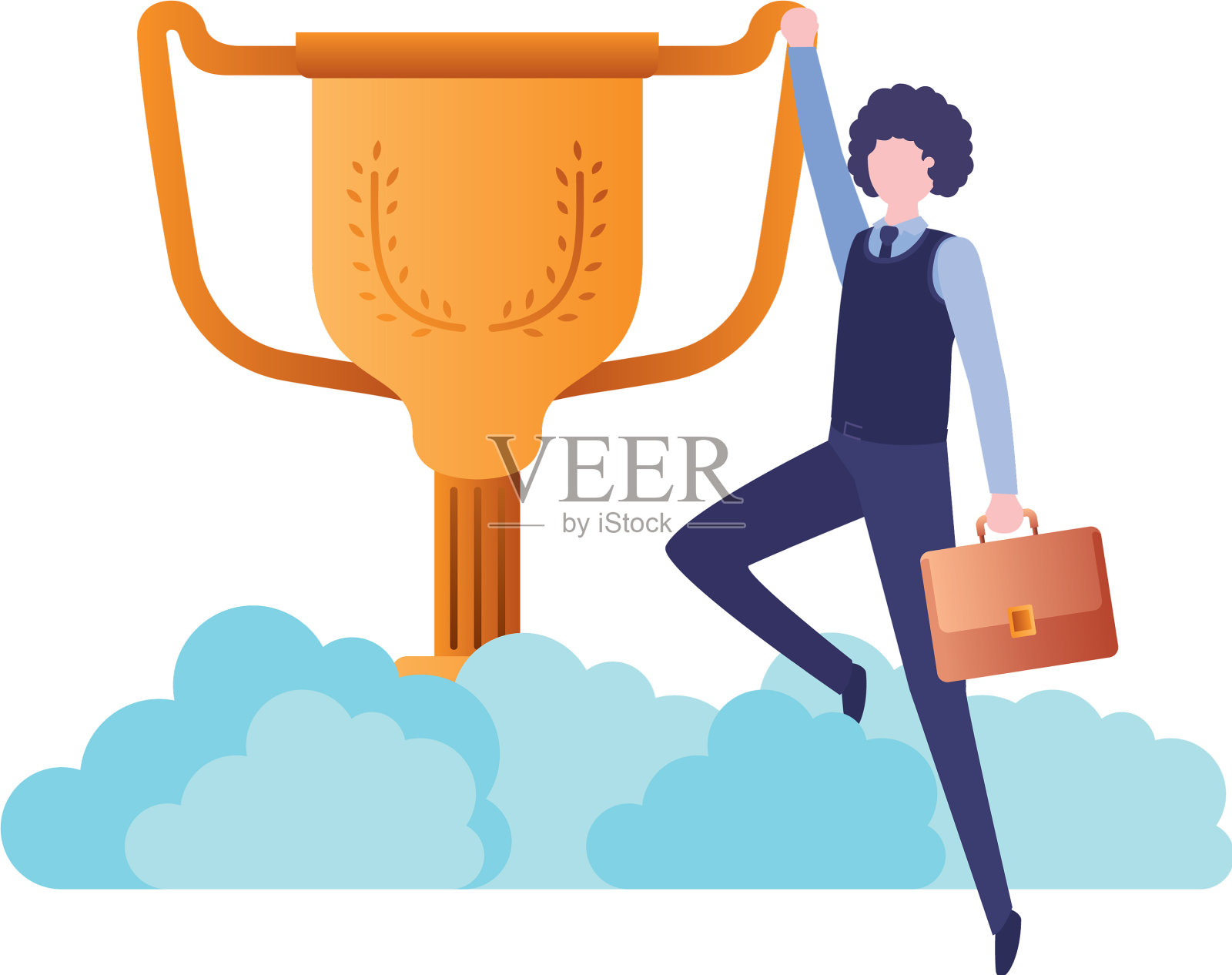 带着奖杯的浮云商人插画图片素材