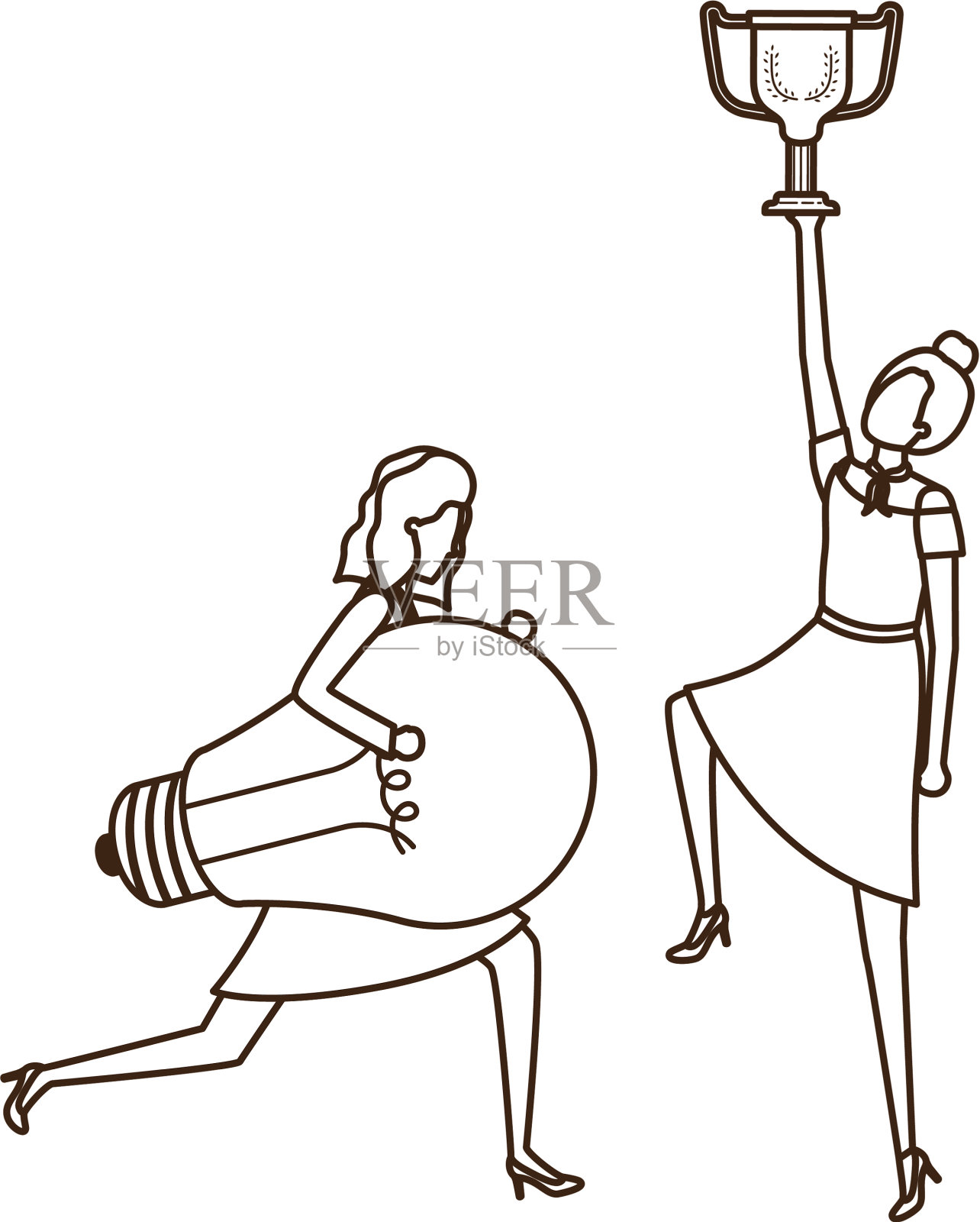 拥有奖杯和灯泡形象的女商人插画图片素材