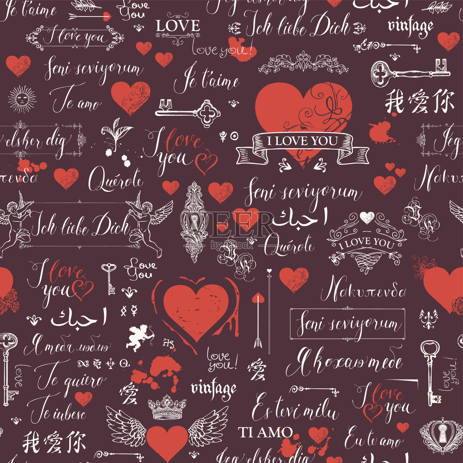 无缝图案的爱的字母和心插画图片素材