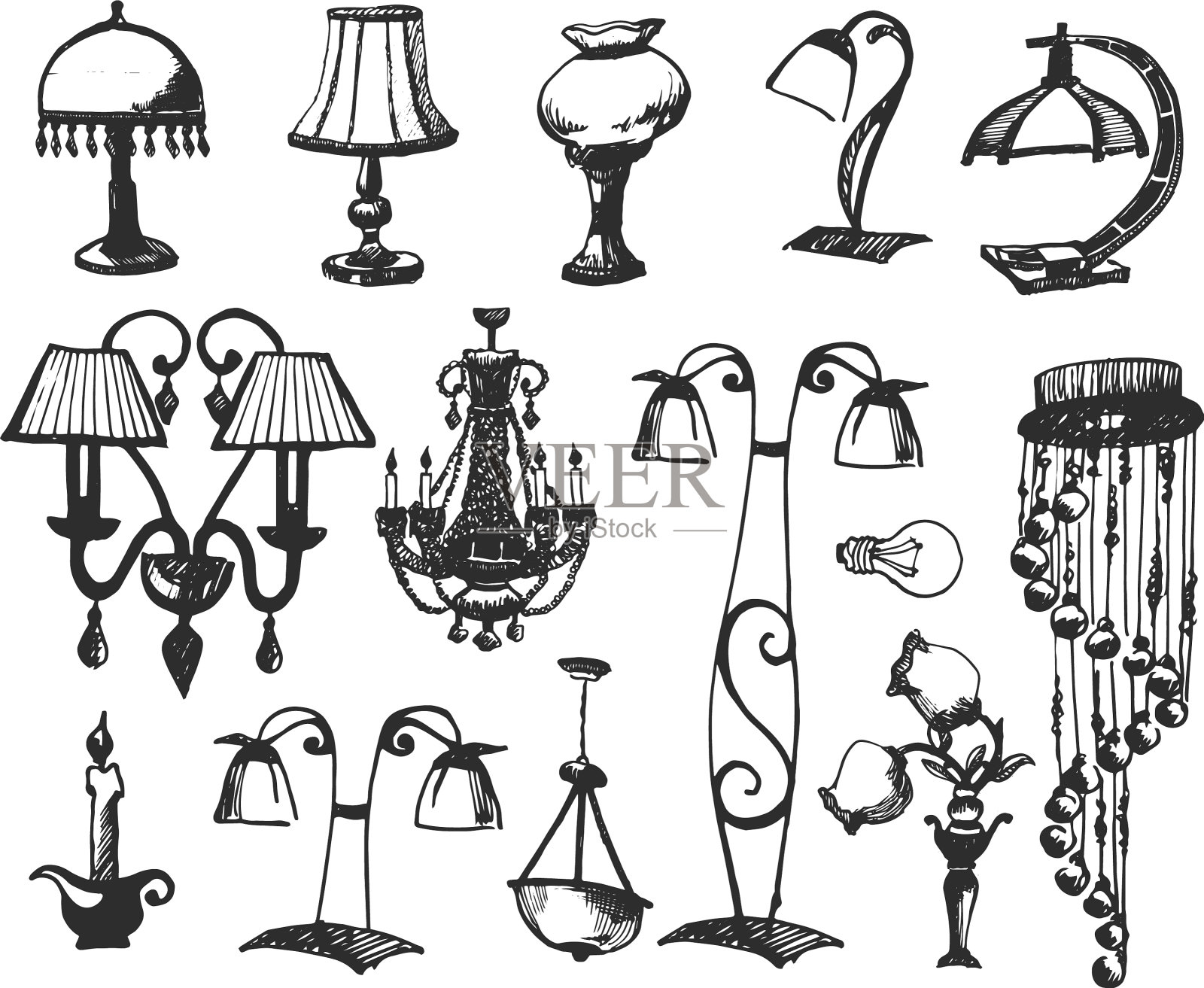 设置灯孤立在白色背景图标素材