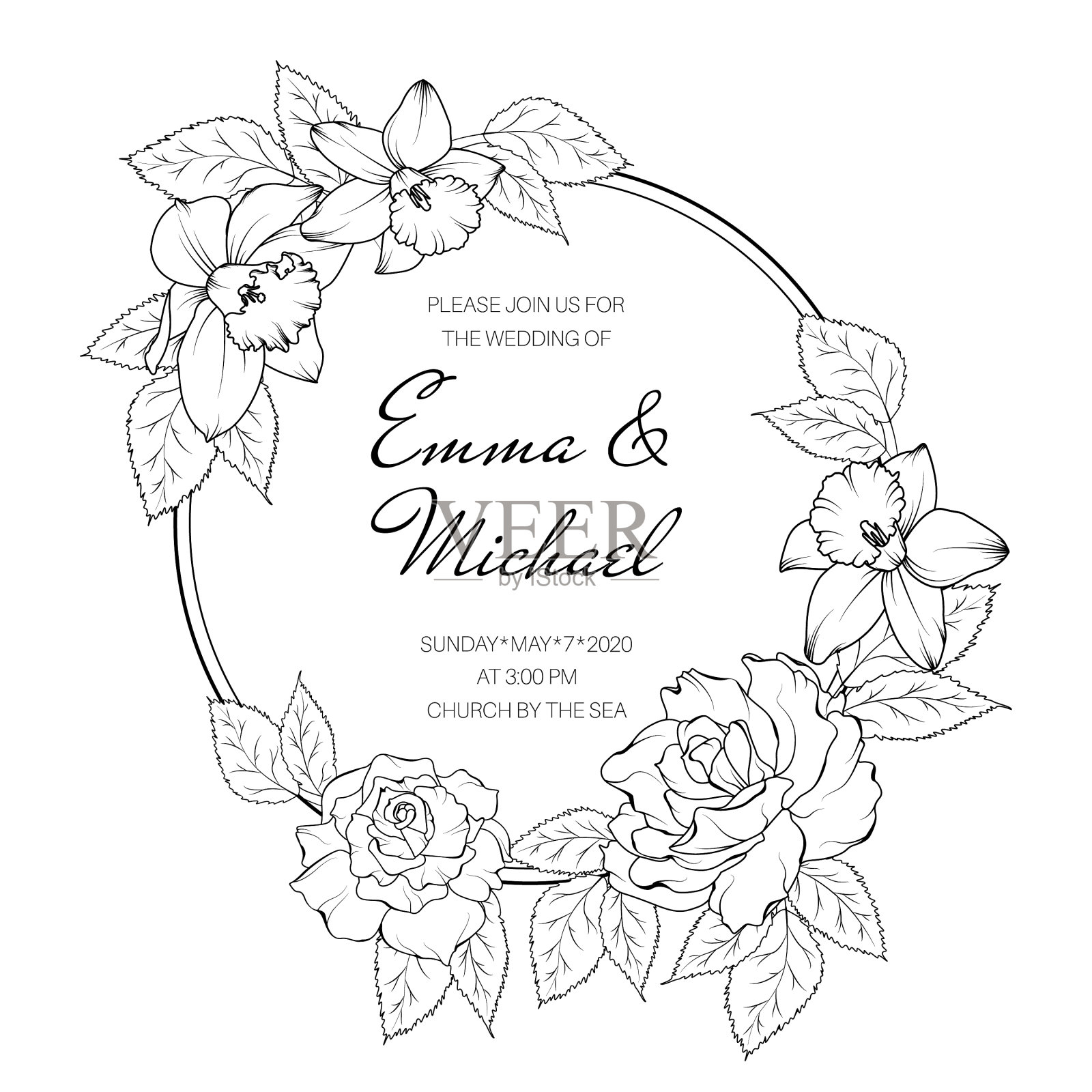 花圈圆框玫瑰牡丹水仙设计元素图片