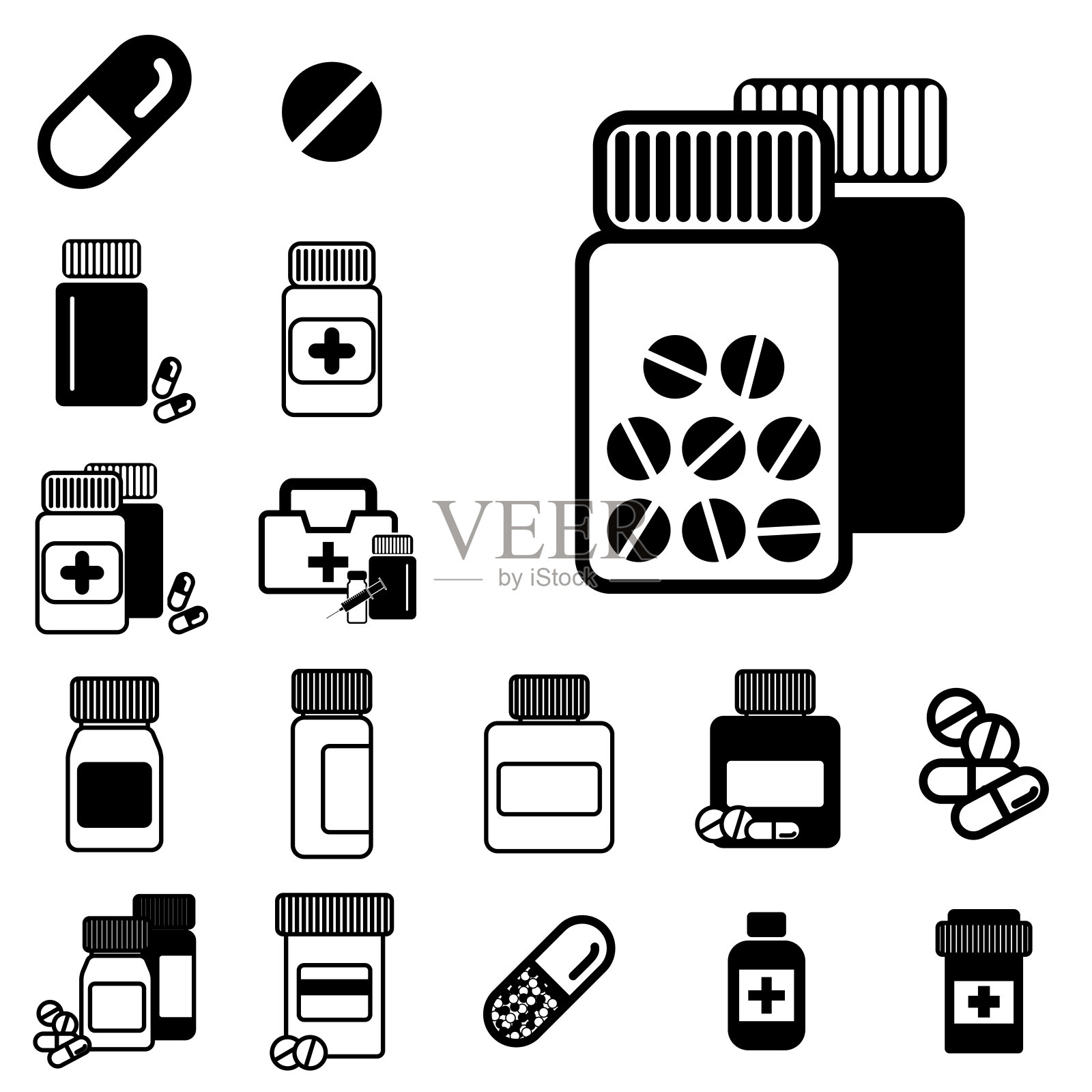 不同的药丸或药瓶图标隔离图标素材