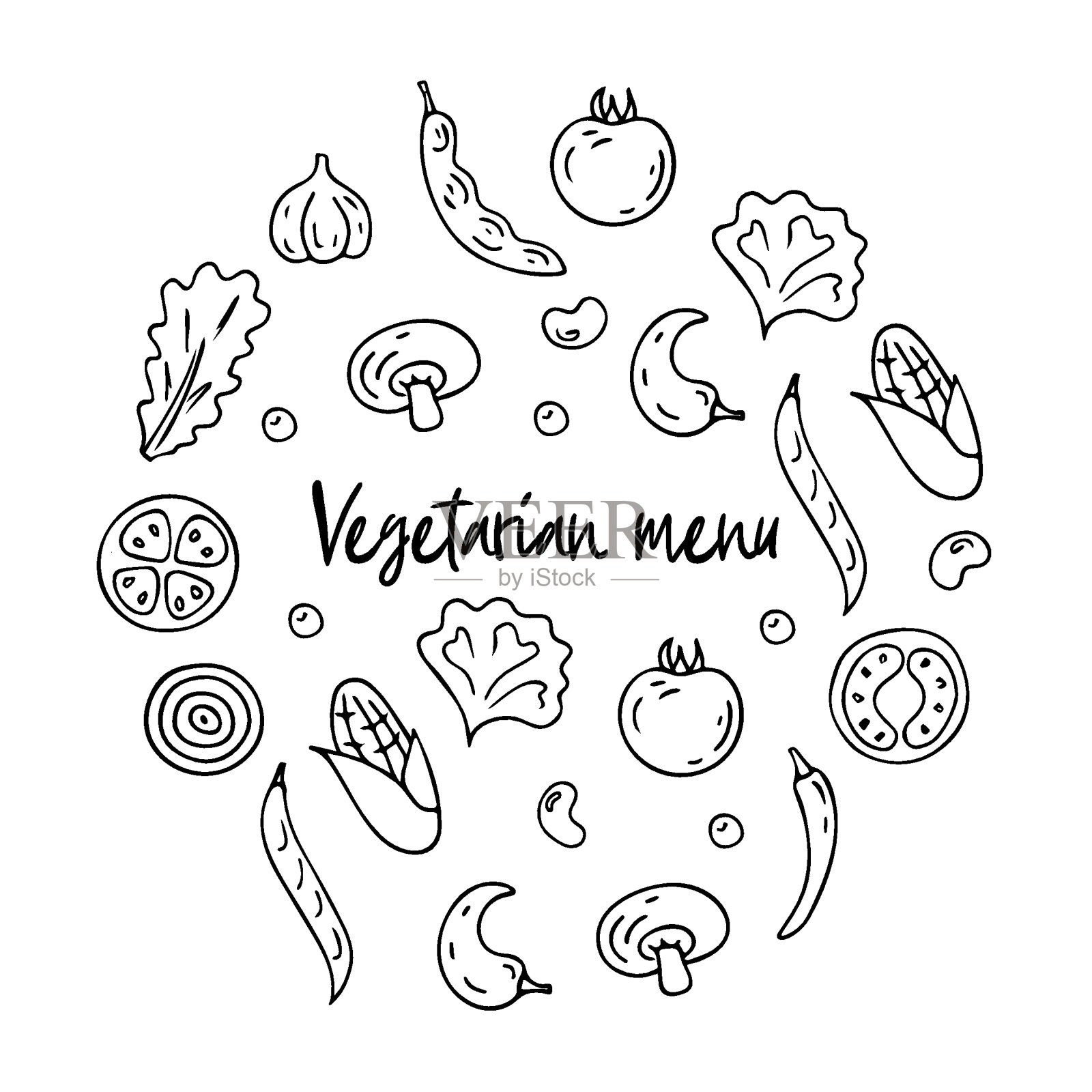 手绘蔬菜元素设置孤立的白色背景。概念为农贸市场、有机食品、杂货店、咖啡馆、餐厅、食品。天然产品,素食,新鲜,自然设计。插画图片素材