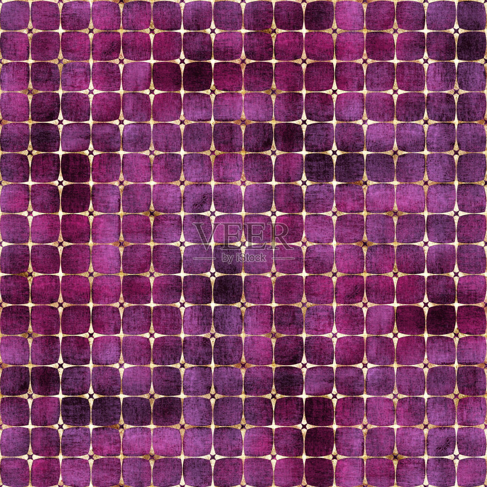 水彩抽象几何紫色条纹格子无缝图案与黄金闪光线轮廓插画图片素材