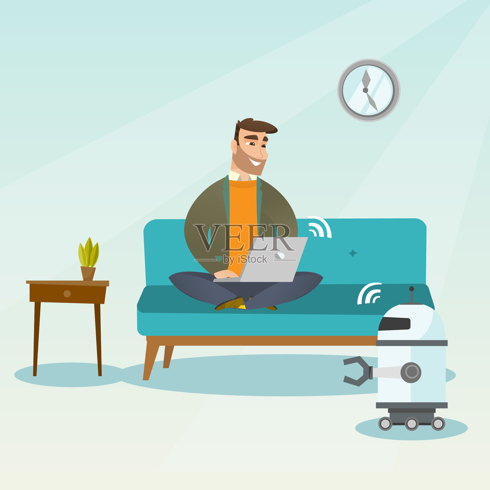 年轻的白种工程师在给机器人编程插画图片素材