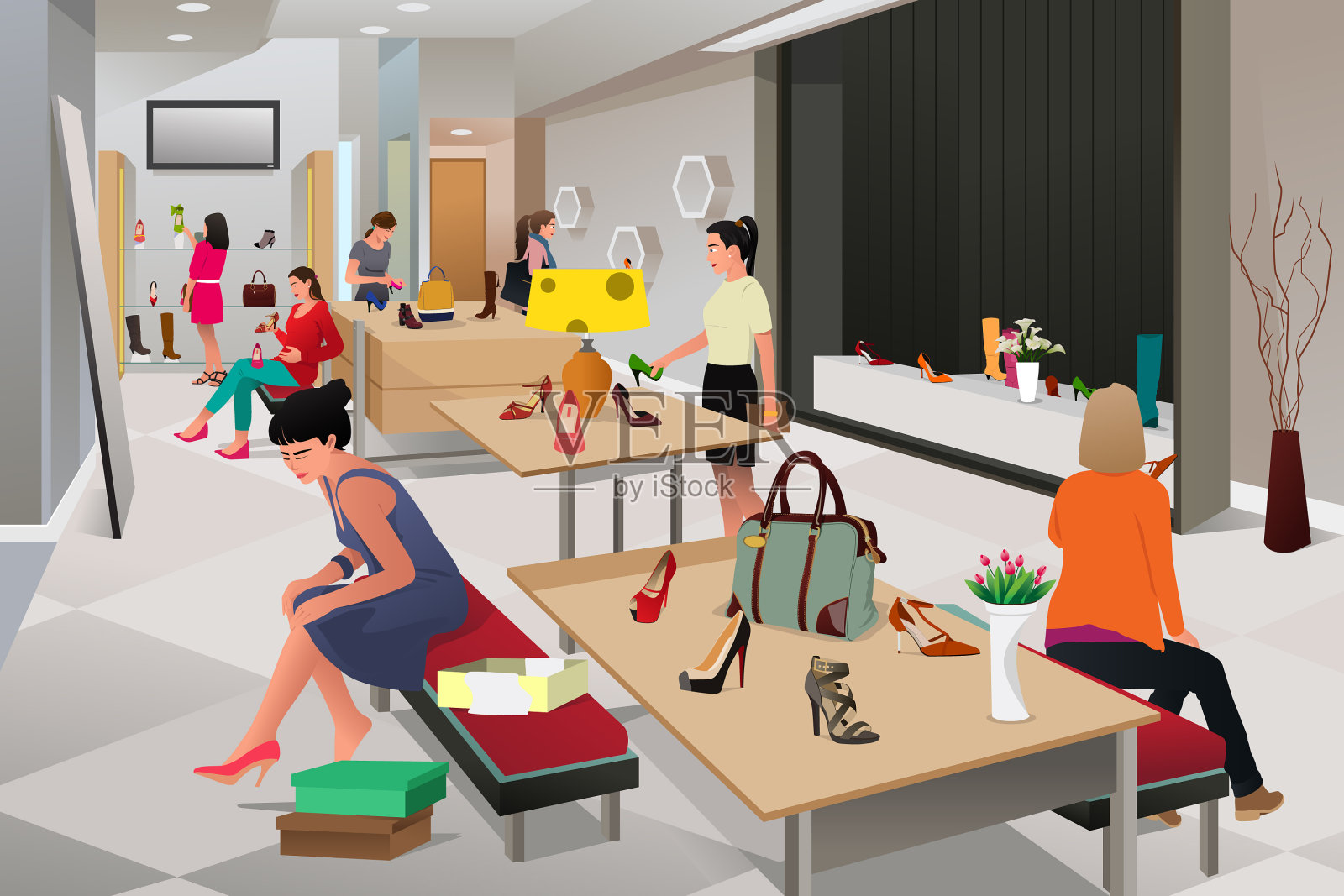 买鞋的女人插画图片素材